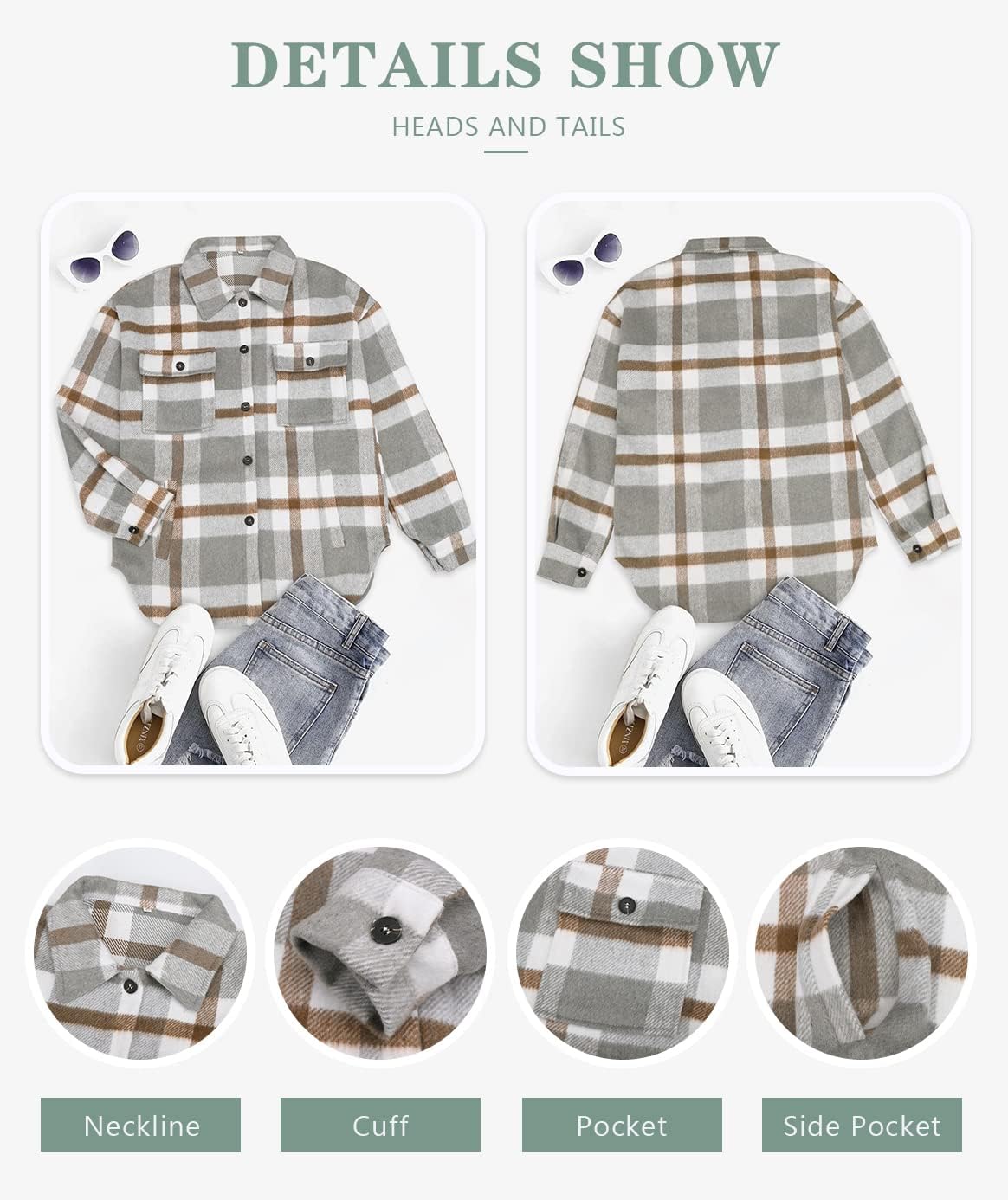 Beaully Women's Flannel Plaid Shacket Long Sleeve Button Down Shirts Jacket Coats with Side Pockets