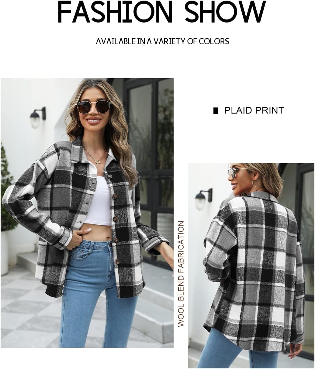 Beaully Women's Flannel Plaid Shacket Long Sleeve Button Down Shirts Jacket Coats with Side Pockets