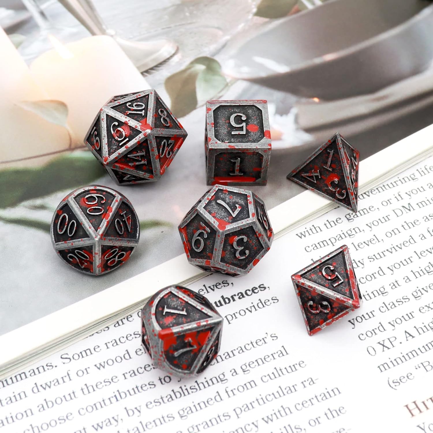 Haxtec Bloodstained Metal DND Dice Set Antique Iron Blood Metal D&D Dice Set Dragon Scale with Leather Dice Bag Bloodsplattered Metal Polyhedral Dice for Dungeons and Dragons TTRPG Gifts