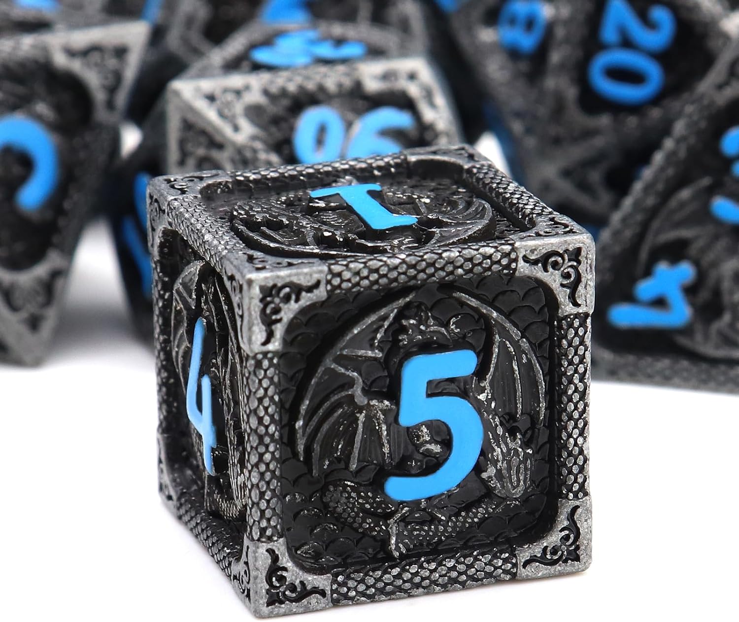Haxtec Bloodstained Metal DND Dice Set Antique Iron Blood Metal D&D Dice Set Dragon Scale with Leather Dice Bag Bloodsplattered Metal Polyhedral Dice for Dungeons and Dragons TTRPG Gifts