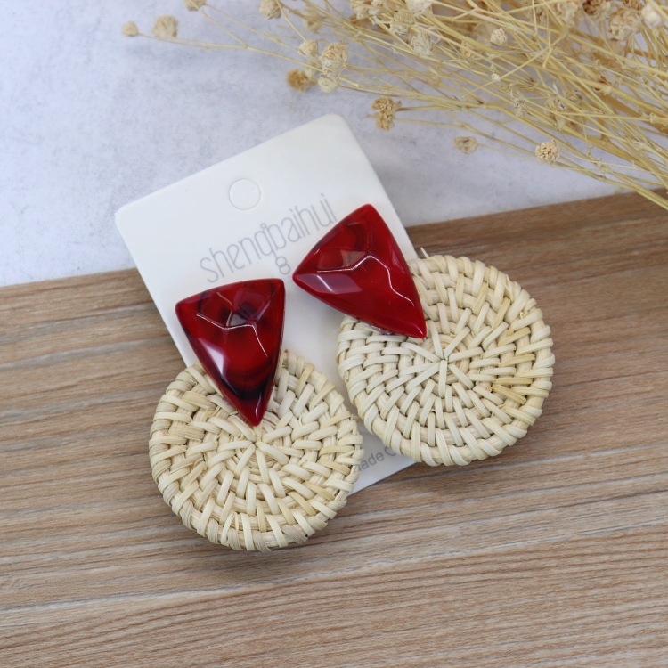 Retro handmade rattan woven earrings for women Bohemian beach holiday style versatile earrings temperament personality earrings
