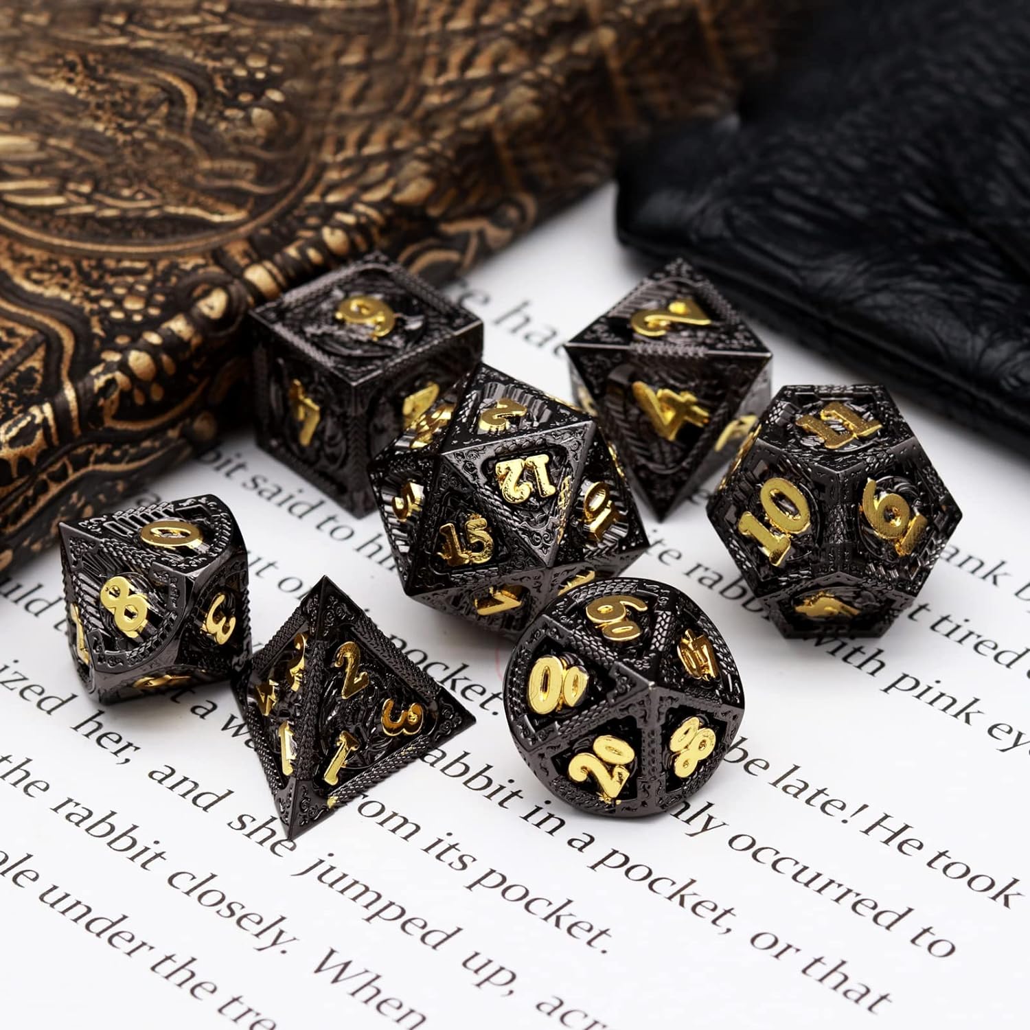 Haxtec Bloodstained Metal DND Dice Set Antique Iron Blood Metal D&D Dice Set Dragon Scale with Leather Dice Bag Bloodsplattered Metal Polyhedral Dice for Dungeons and Dragons TTRPG Gifts