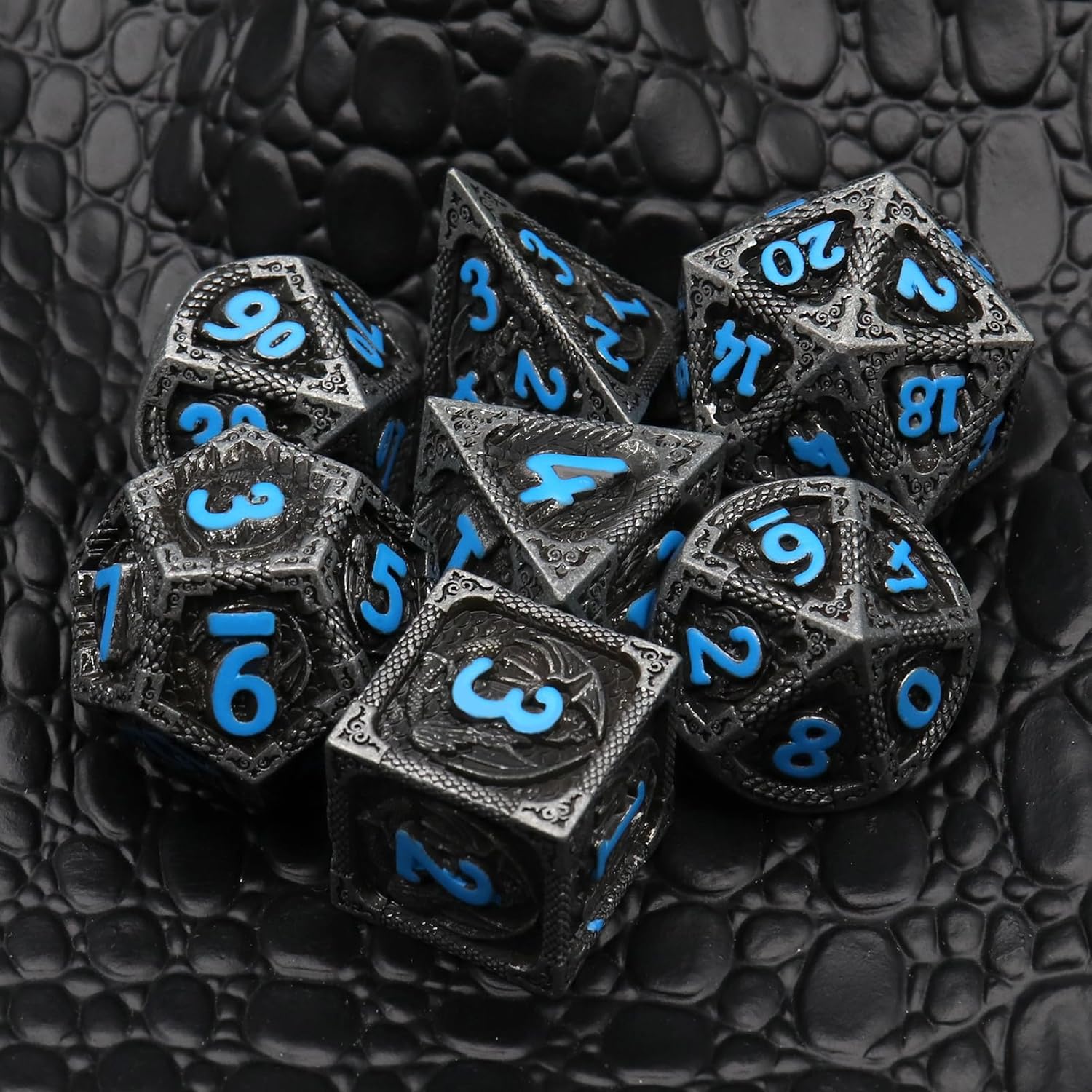 Haxtec Bloodstained Metal DND Dice Set Antique Iron Blood Metal D&D Dice Set Dragon Scale with Leather Dice Bag Bloodsplattered Metal Polyhedral Dice for Dungeons and Dragons TTRPG Gifts