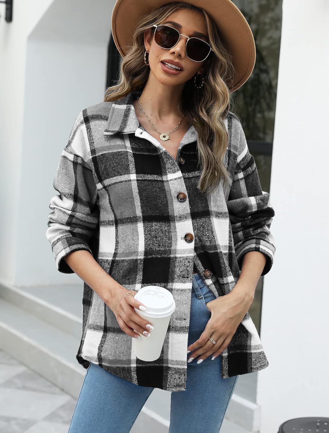 Beaully Women's Flannel Plaid Shacket Long Sleeve Button Down Shirts Jacket Coats with Side Pockets