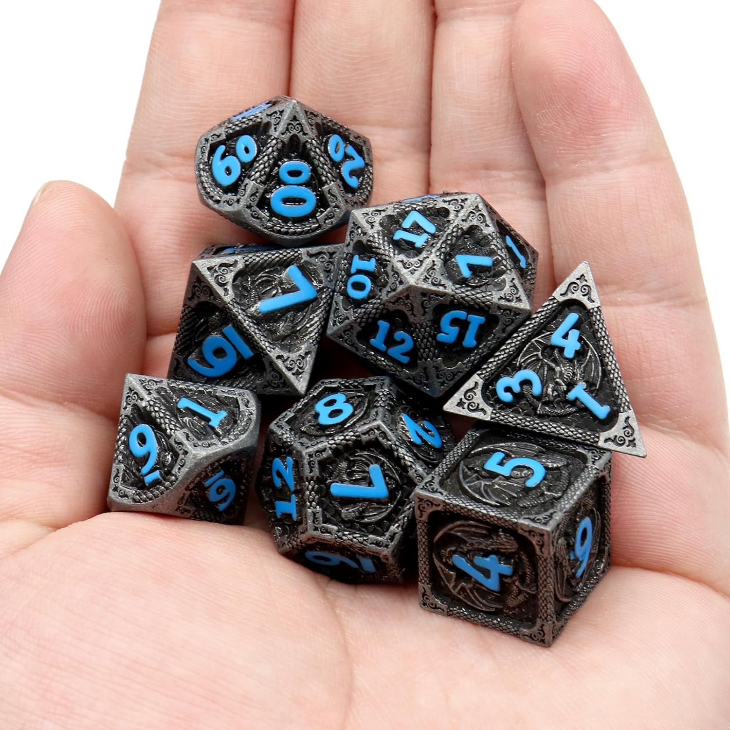 Haxtec Bloodstained Metal DND Dice Set Antique Iron Blood Metal D&D Dice Set Dragon Scale with Leather Dice Bag Bloodsplattered Metal Polyhedral Dice for Dungeons and Dragons TTRPG Gifts