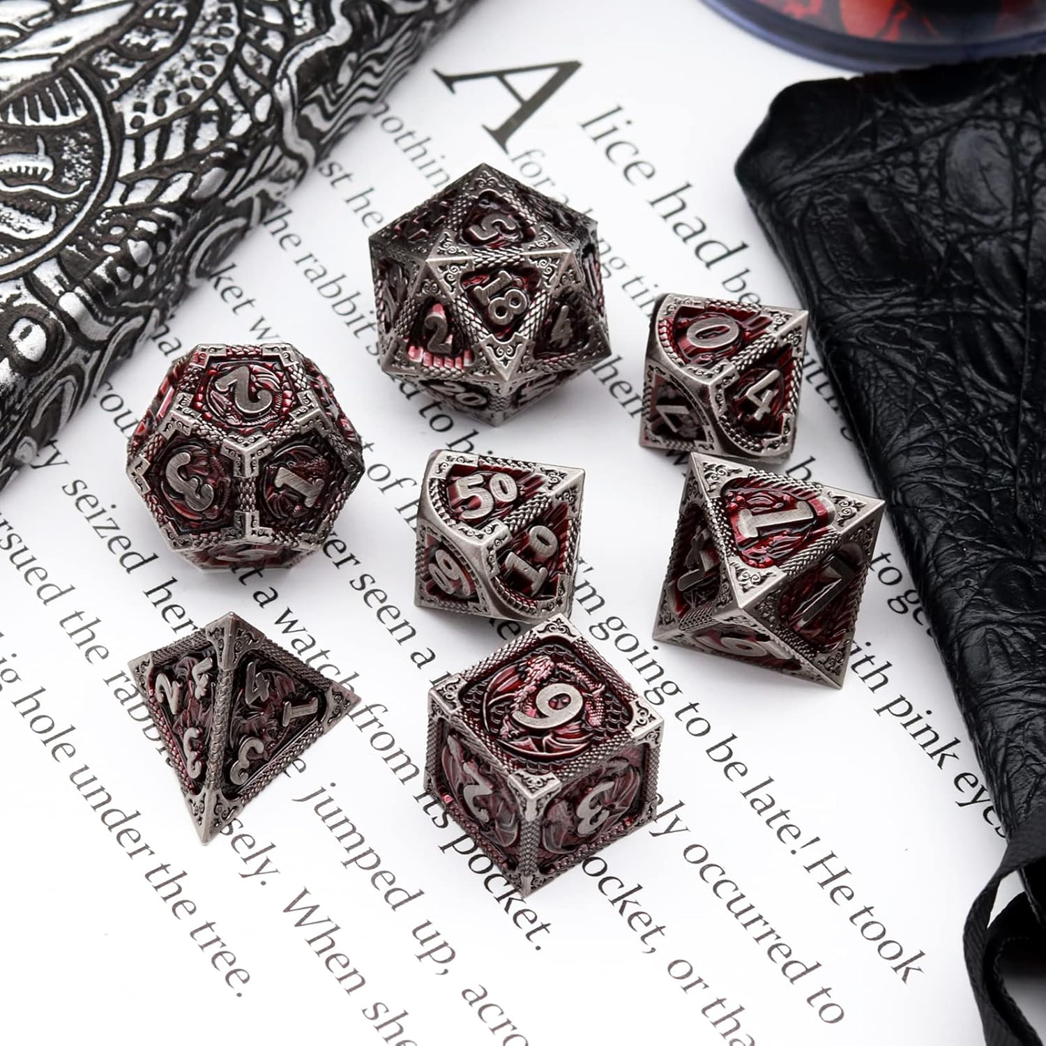 Haxtec Bloodstained Metal DND Dice Set Antique Iron Blood Metal D&D Dice Set Dragon Scale with Leather Dice Bag Bloodsplattered Metal Polyhedral Dice for Dungeons and Dragons TTRPG Gifts
