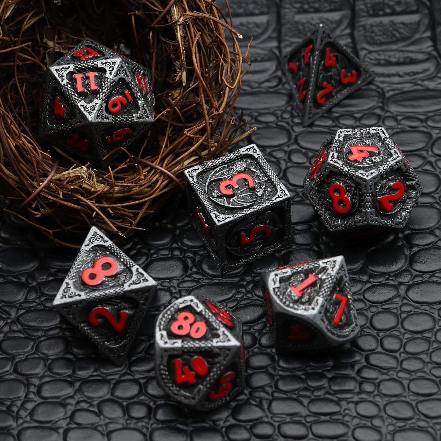Haxtec Bloodstained Metal DND Dice Set Antique Iron Blood Metal D&D Dice Set Dragon Scale with Leather Dice Bag Bloodsplattered Metal Polyhedral Dice for Dungeons and Dragons TTRPG Gifts