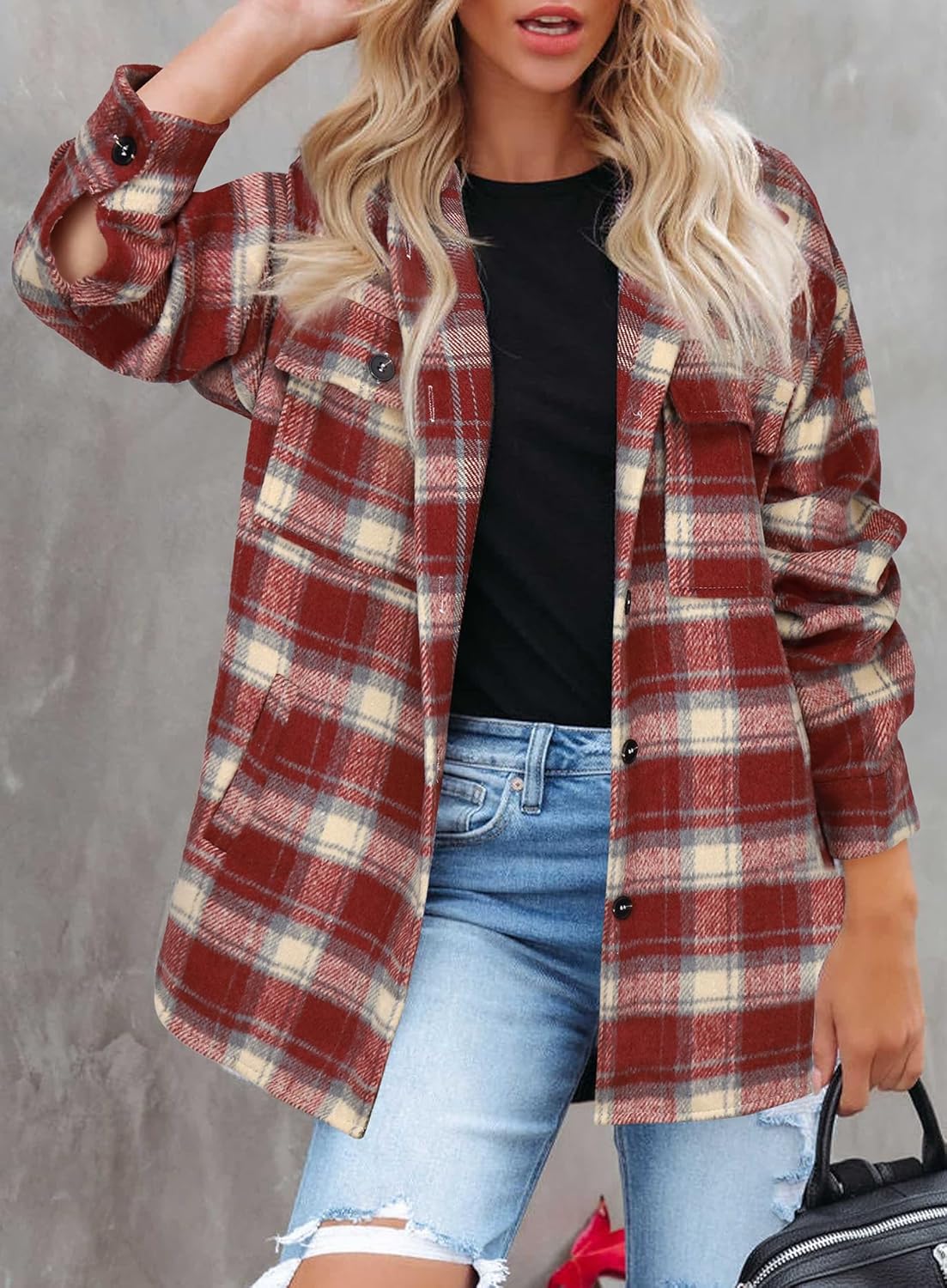 Beaully Women's Flannel Plaid Shacket Long Sleeve Button Down Shirts Jacket Coats with Side Pockets