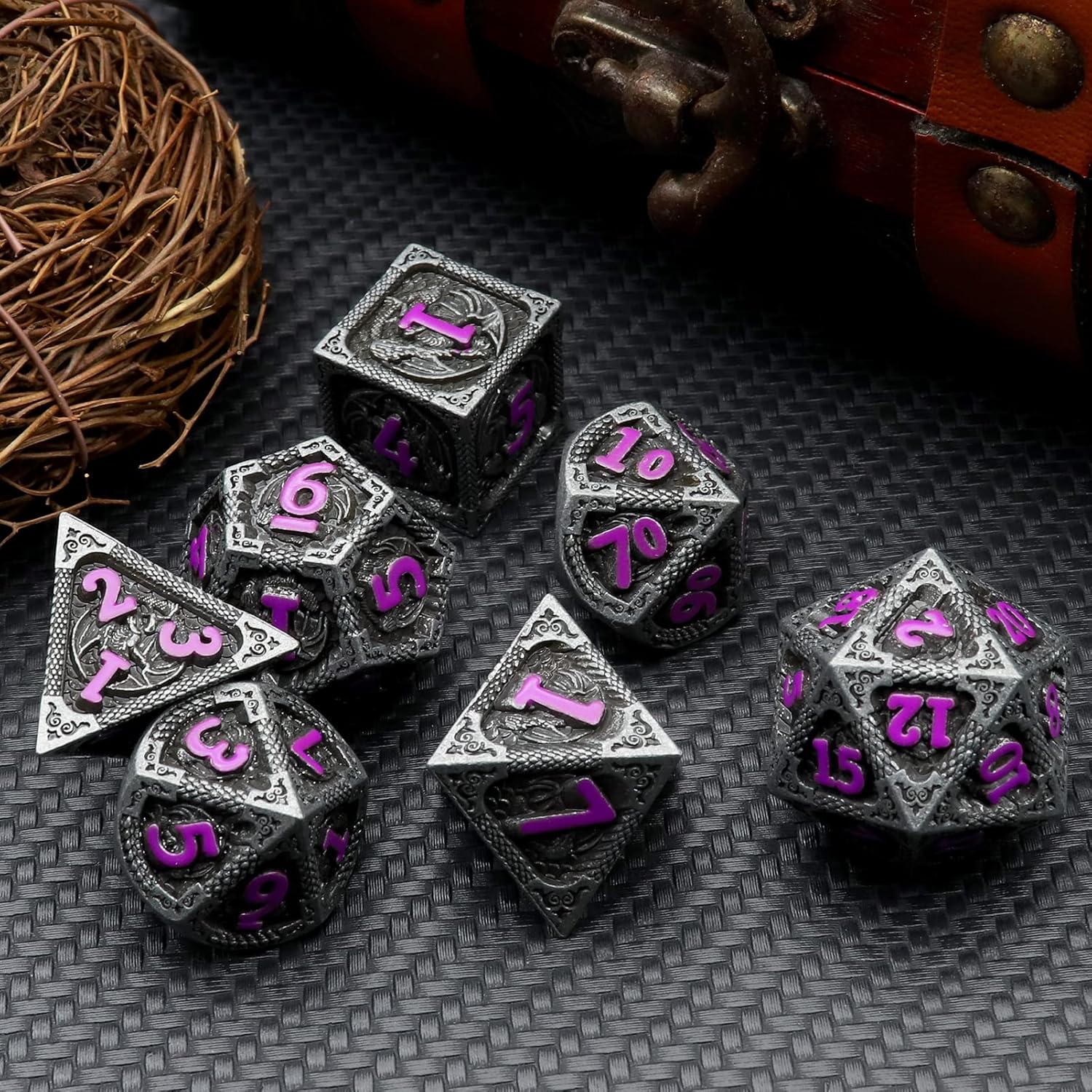 Haxtec Bloodstained Metal DND Dice Set Antique Iron Blood Metal D&D Dice Set Dragon Scale with Leather Dice Bag Bloodsplattered Metal Polyhedral Dice for Dungeons and Dragons TTRPG Gifts