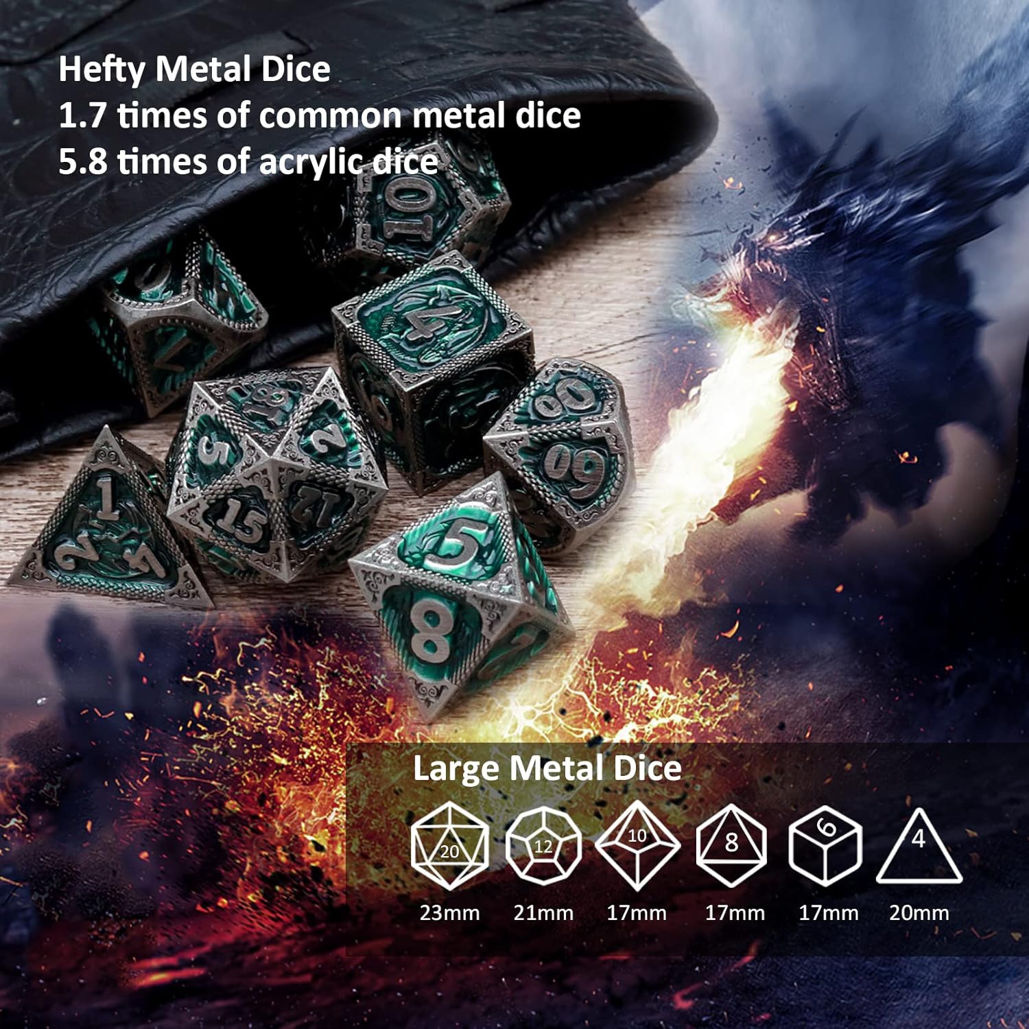 Haxtec Bloodstained Metal DND Dice Set Antique Iron Blood Metal D&D Dice Set Dragon Scale with Leather Dice Bag Bloodsplattered Metal Polyhedral Dice for Dungeons and Dragons TTRPG Gifts