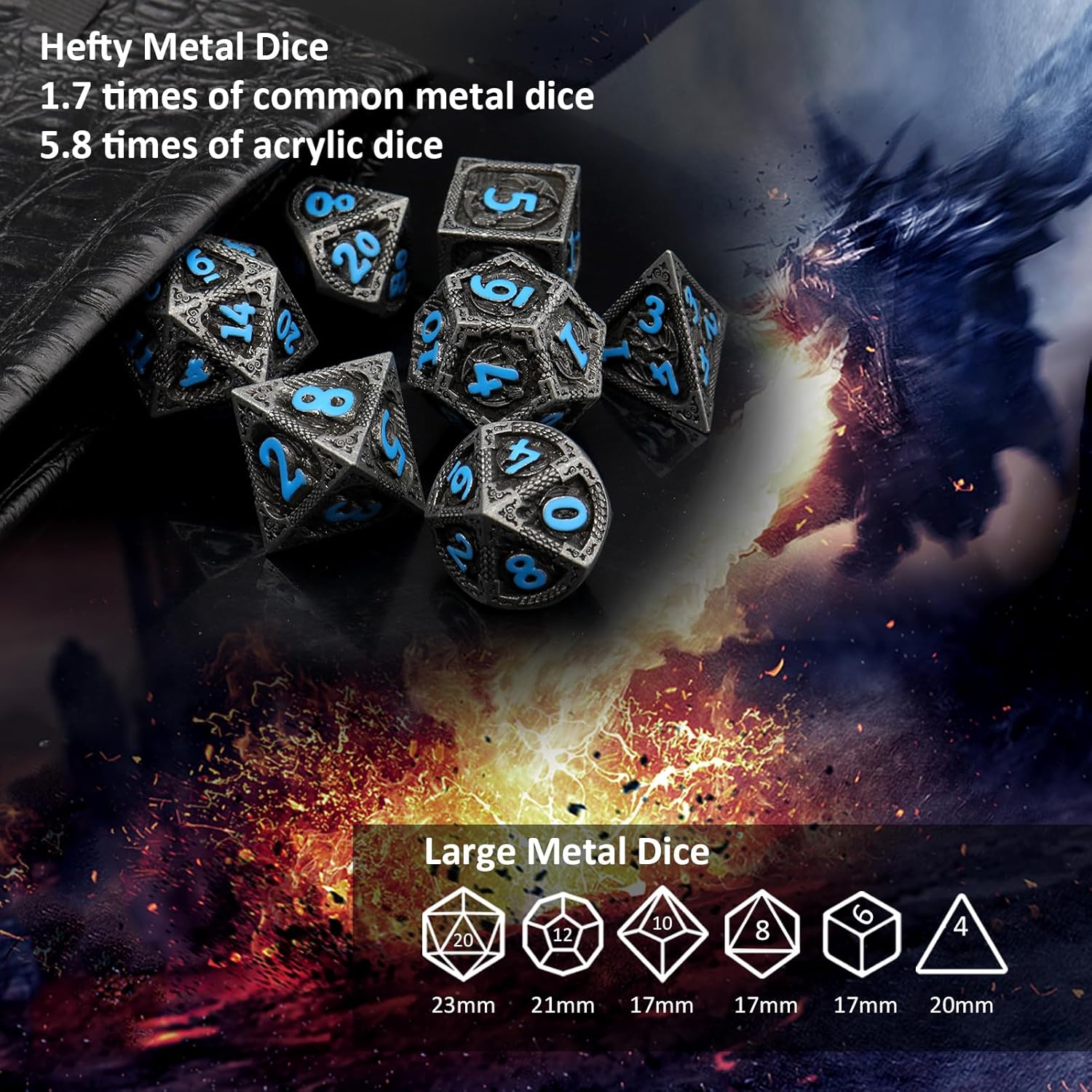Haxtec Bloodstained Metal DND Dice Set Antique Iron Blood Metal D&D Dice Set Dragon Scale with Leather Dice Bag Bloodsplattered Metal Polyhedral Dice for Dungeons and Dragons TTRPG Gifts
