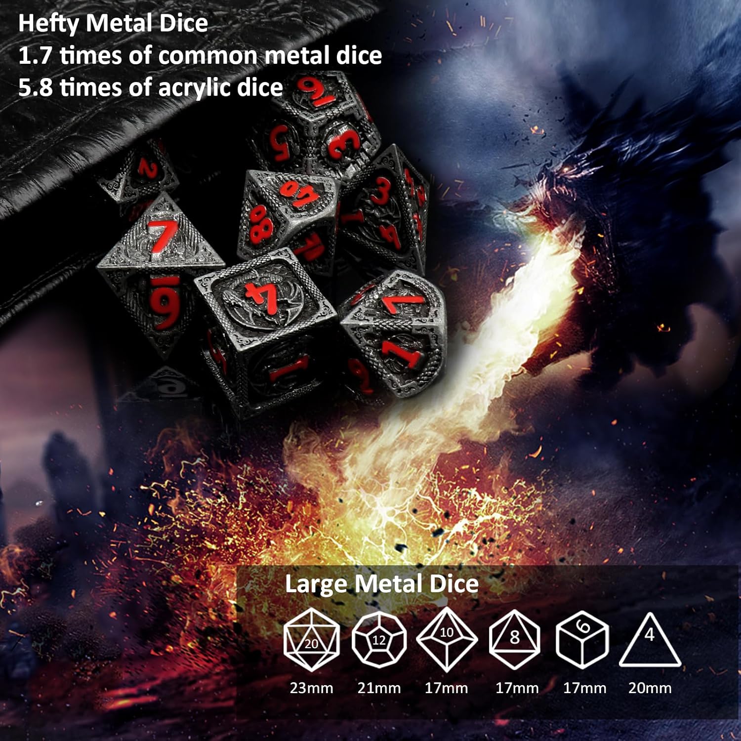 Haxtec Bloodstained Metal DND Dice Set Antique Iron Blood Metal D&D Dice Set Dragon Scale with Leather Dice Bag Bloodsplattered Metal Polyhedral Dice for Dungeons and Dragons TTRPG Gifts
