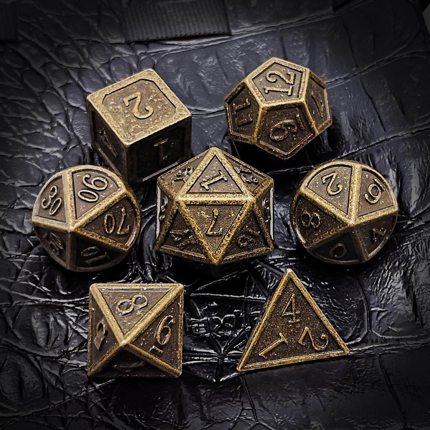 Haxtec Bloodstained Metal DND Dice Set Antique Iron Blood Metal D&D Dice Set Dragon Scale with Leather Dice Bag Bloodsplattered Metal Polyhedral Dice for Dungeons and Dragons TTRPG Gifts