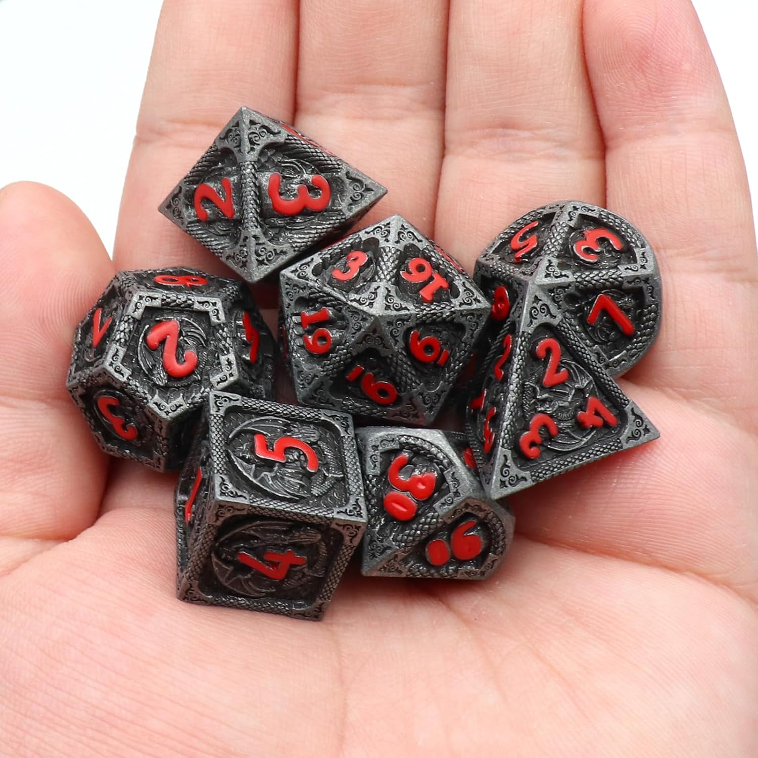 Haxtec Bloodstained Metal DND Dice Set Antique Iron Blood Metal D&D Dice Set Dragon Scale with Leather Dice Bag Bloodsplattered Metal Polyhedral Dice for Dungeons and Dragons TTRPG Gifts