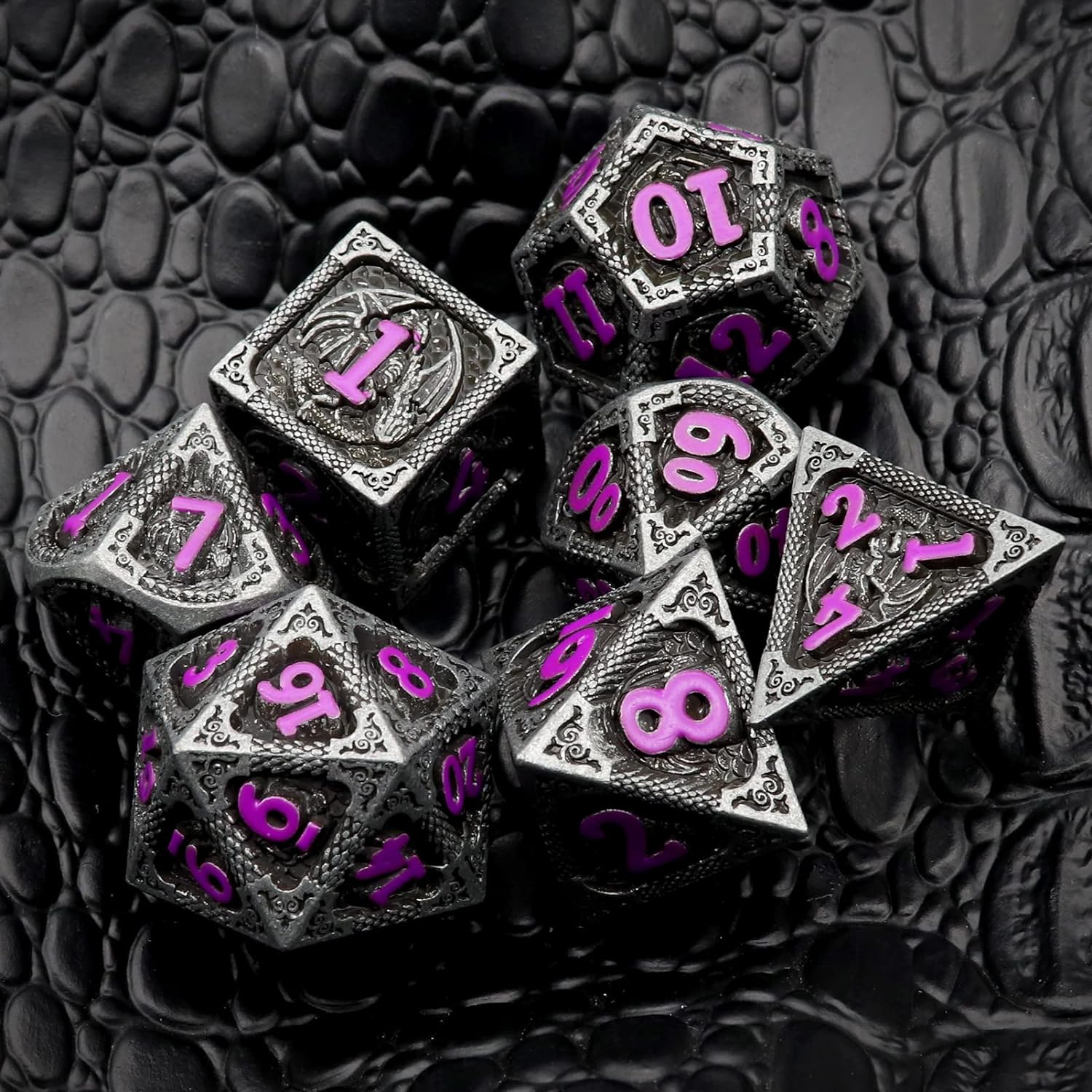 Haxtec Bloodstained Metal DND Dice Set Antique Iron Blood Metal D&D Dice Set Dragon Scale with Leather Dice Bag Bloodsplattered Metal Polyhedral Dice for Dungeons and Dragons TTRPG Gifts