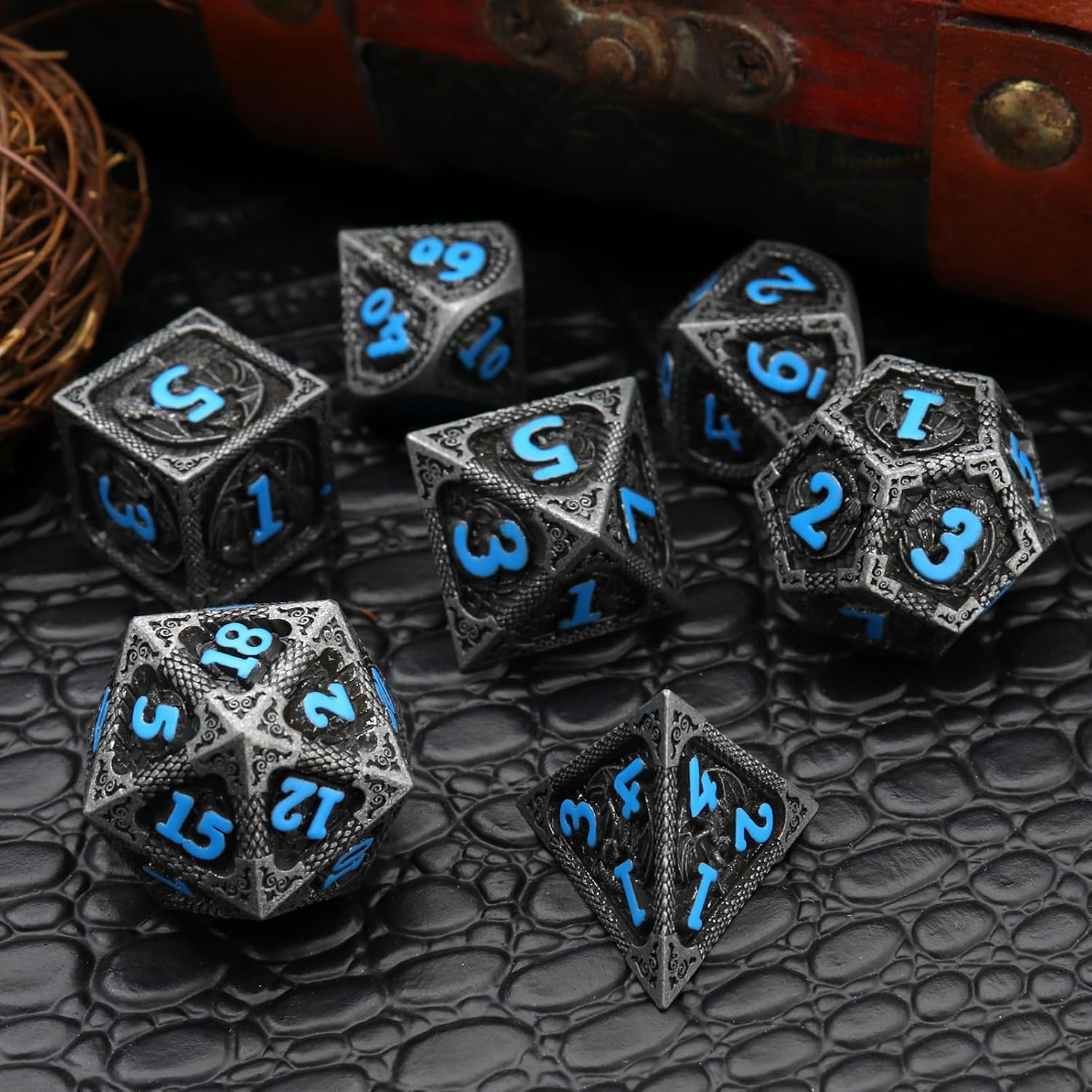 Haxtec Bloodstained Metal DND Dice Set Antique Iron Blood Metal D&D Dice Set Dragon Scale with Leather Dice Bag Bloodsplattered Metal Polyhedral Dice for Dungeons and Dragons TTRPG Gifts