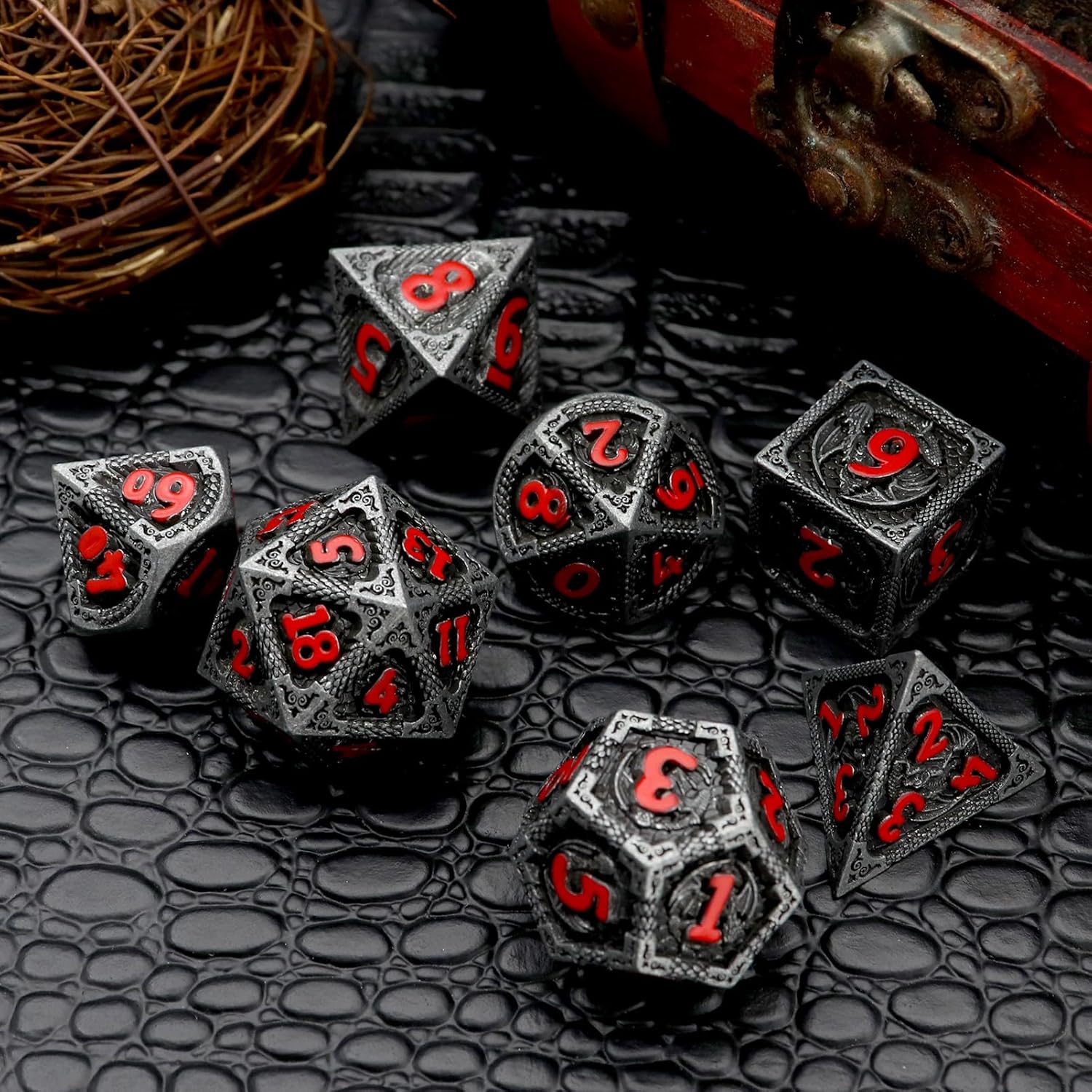Haxtec Bloodstained Metal DND Dice Set Antique Iron Blood Metal D&D Dice Set Dragon Scale with Leather Dice Bag Bloodsplattered Metal Polyhedral Dice for Dungeons and Dragons TTRPG Gifts