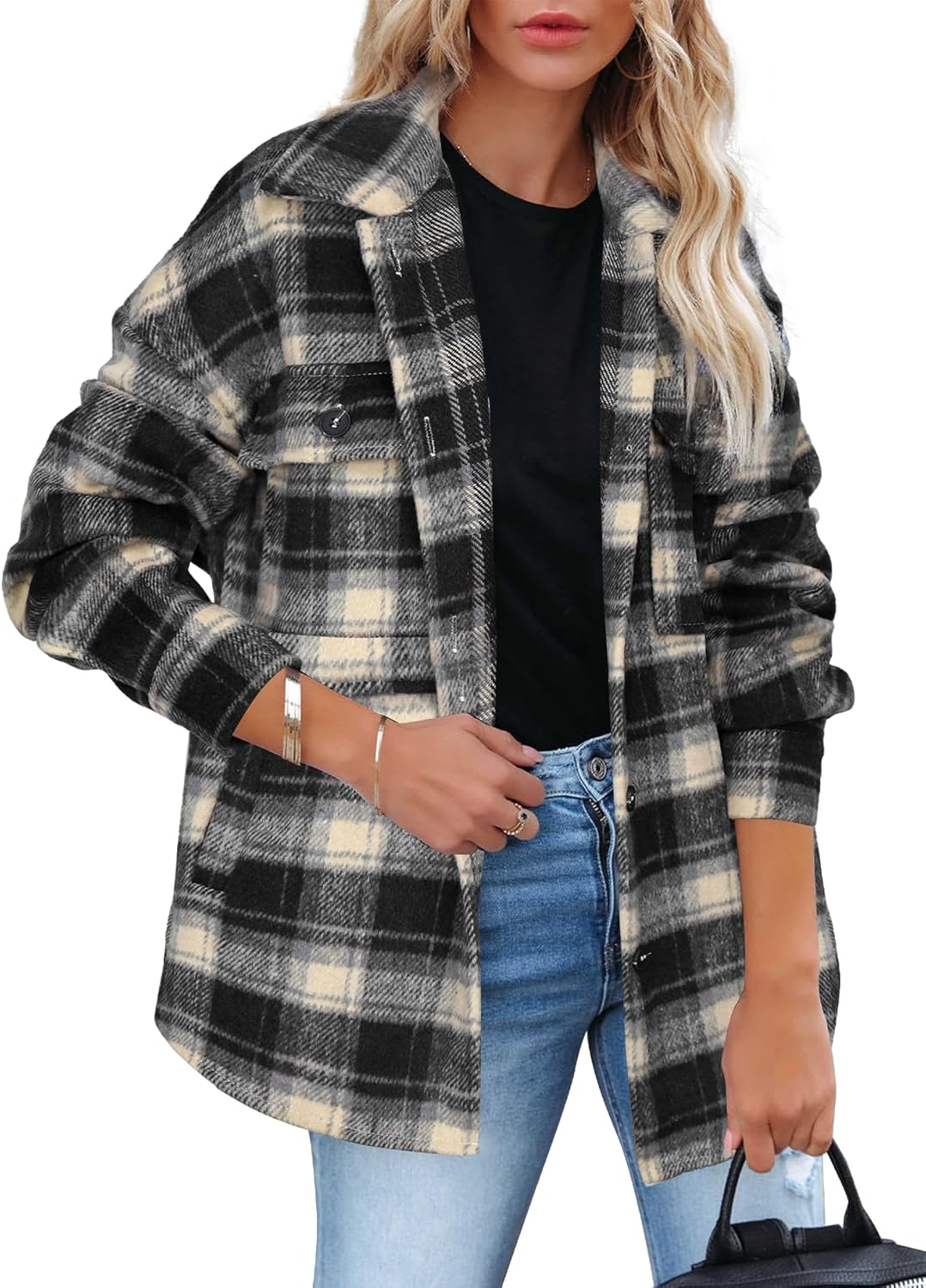Beaully Women's Flannel Plaid Shacket Long Sleeve Button Down Shirts Jacket Coats with Side Pockets
