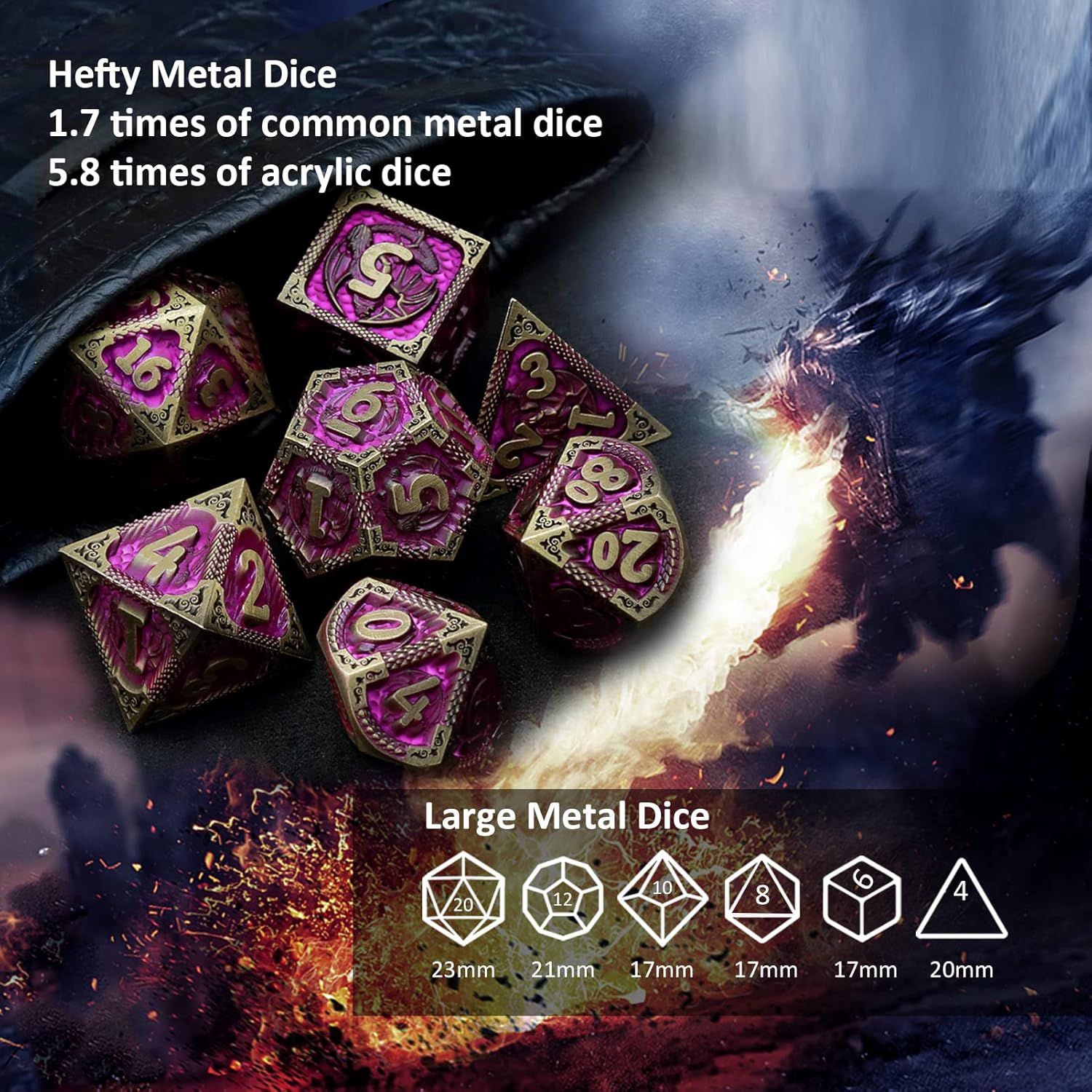 Haxtec Bloodstained Metal DND Dice Set Antique Iron Blood Metal D&D Dice Set Dragon Scale with Leather Dice Bag Bloodsplattered Metal Polyhedral Dice for Dungeons and Dragons TTRPG Gifts