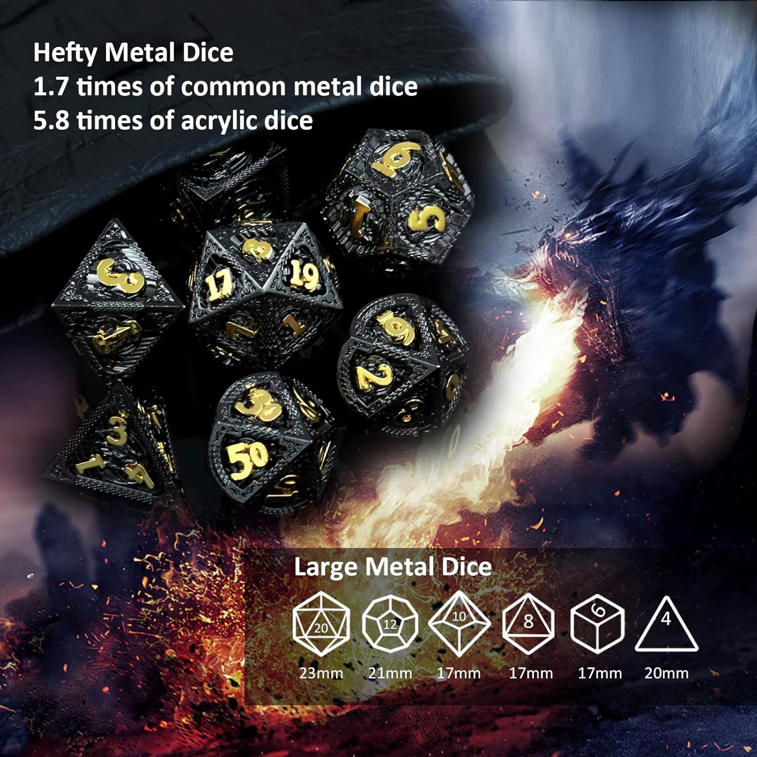 Haxtec Bloodstained Metal DND Dice Set Antique Iron Blood Metal D&D Dice Set Dragon Scale with Leather Dice Bag Bloodsplattered Metal Polyhedral Dice for Dungeons and Dragons TTRPG Gifts