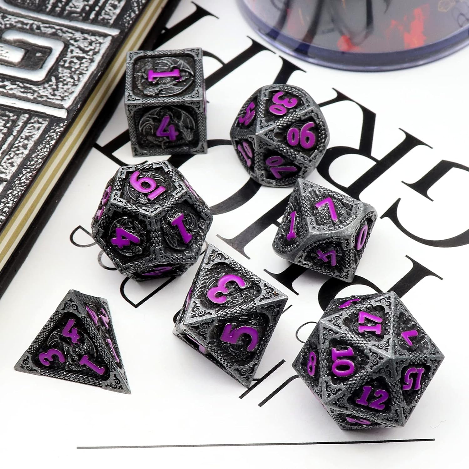 Haxtec Bloodstained Metal DND Dice Set Antique Iron Blood Metal D&D Dice Set Dragon Scale with Leather Dice Bag Bloodsplattered Metal Polyhedral Dice for Dungeons and Dragons TTRPG Gifts