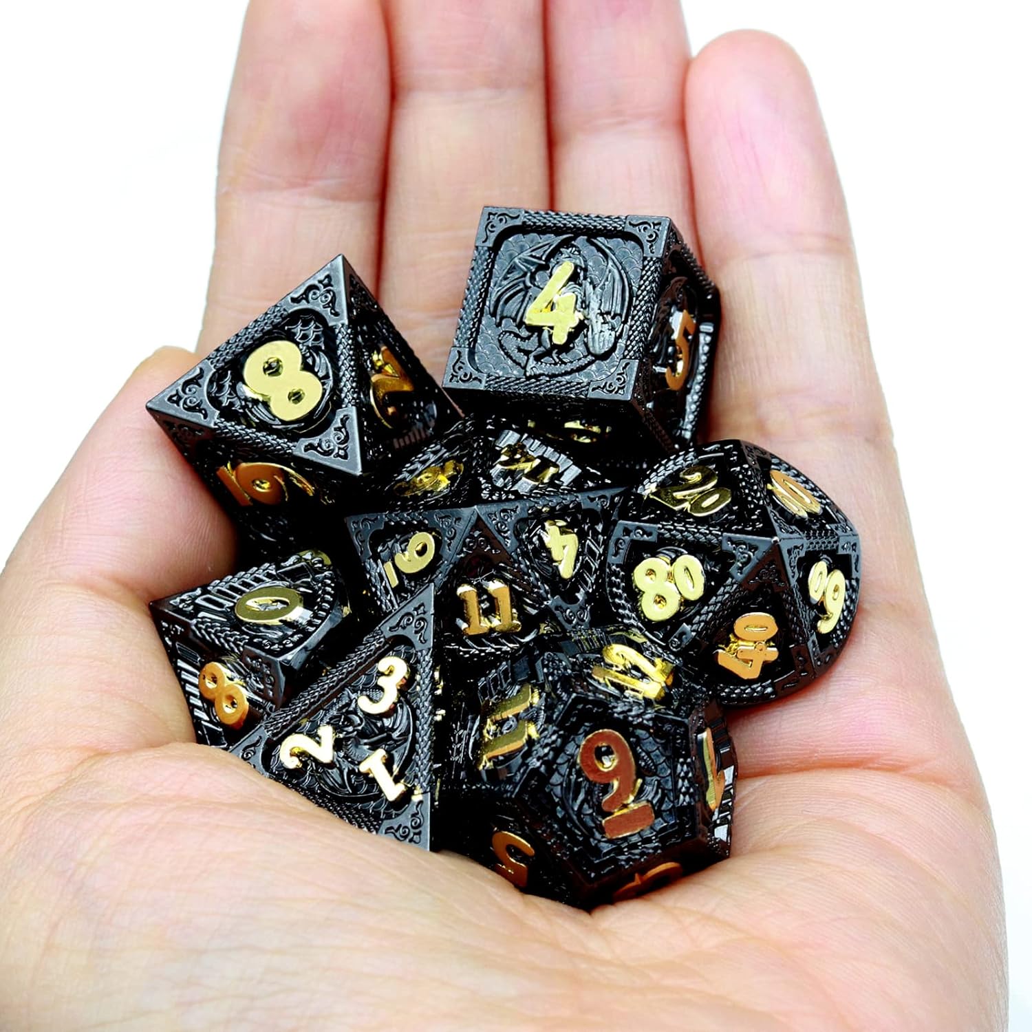 Haxtec Bloodstained Metal DND Dice Set Antique Iron Blood Metal D&D Dice Set Dragon Scale with Leather Dice Bag Bloodsplattered Metal Polyhedral Dice for Dungeons and Dragons TTRPG Gifts
