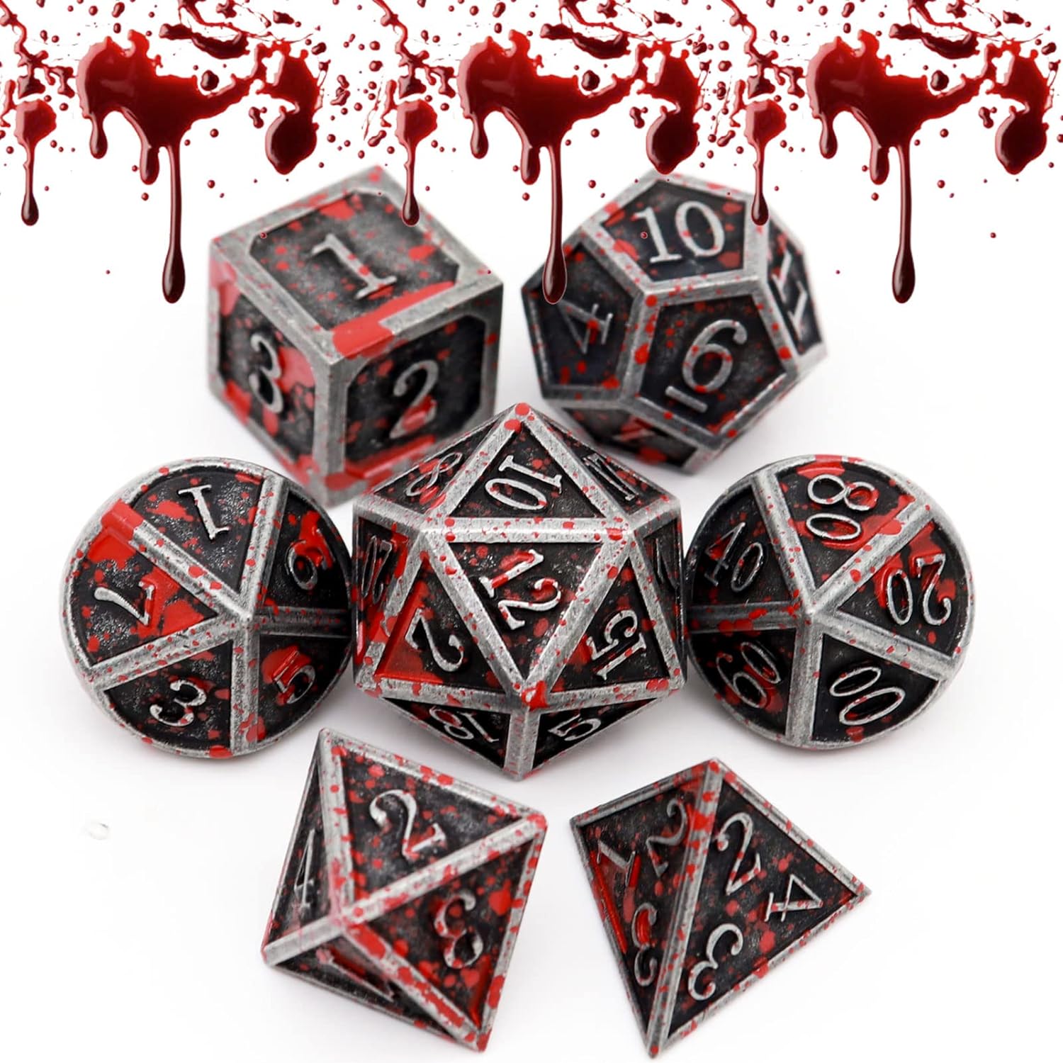 Haxtec Bloodstained Metal DND Dice Set Antique Iron Blood Metal D&D Dice Set Dragon Scale with Leather Dice Bag Bloodsplattered Metal Polyhedral Dice for Dungeons and Dragons TTRPG Gifts