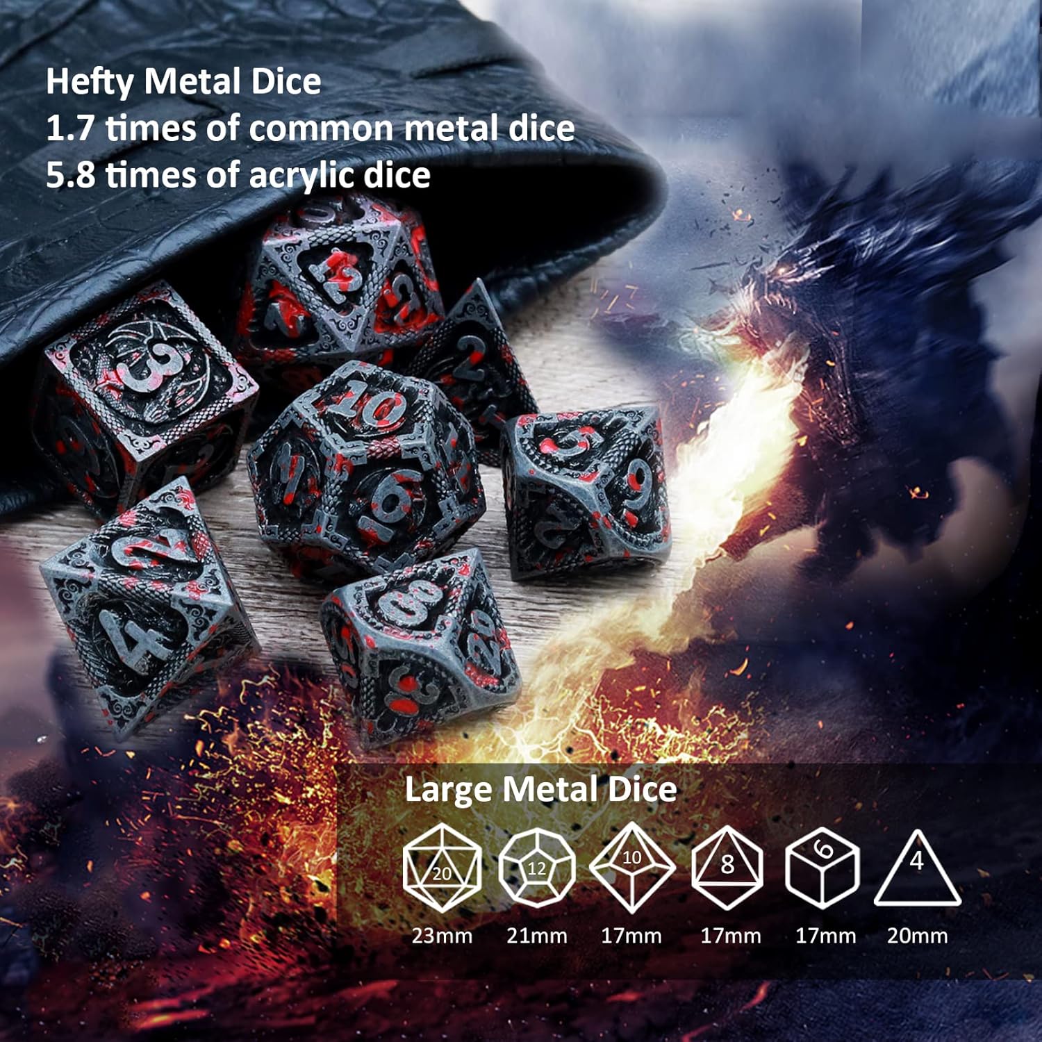 Haxtec Bloodstained Metal DND Dice Set Antique Iron Blood Metal D&D Dice Set Dragon Scale with Leather Dice Bag Bloodsplattered Metal Polyhedral Dice for Dungeons and Dragons TTRPG Gifts