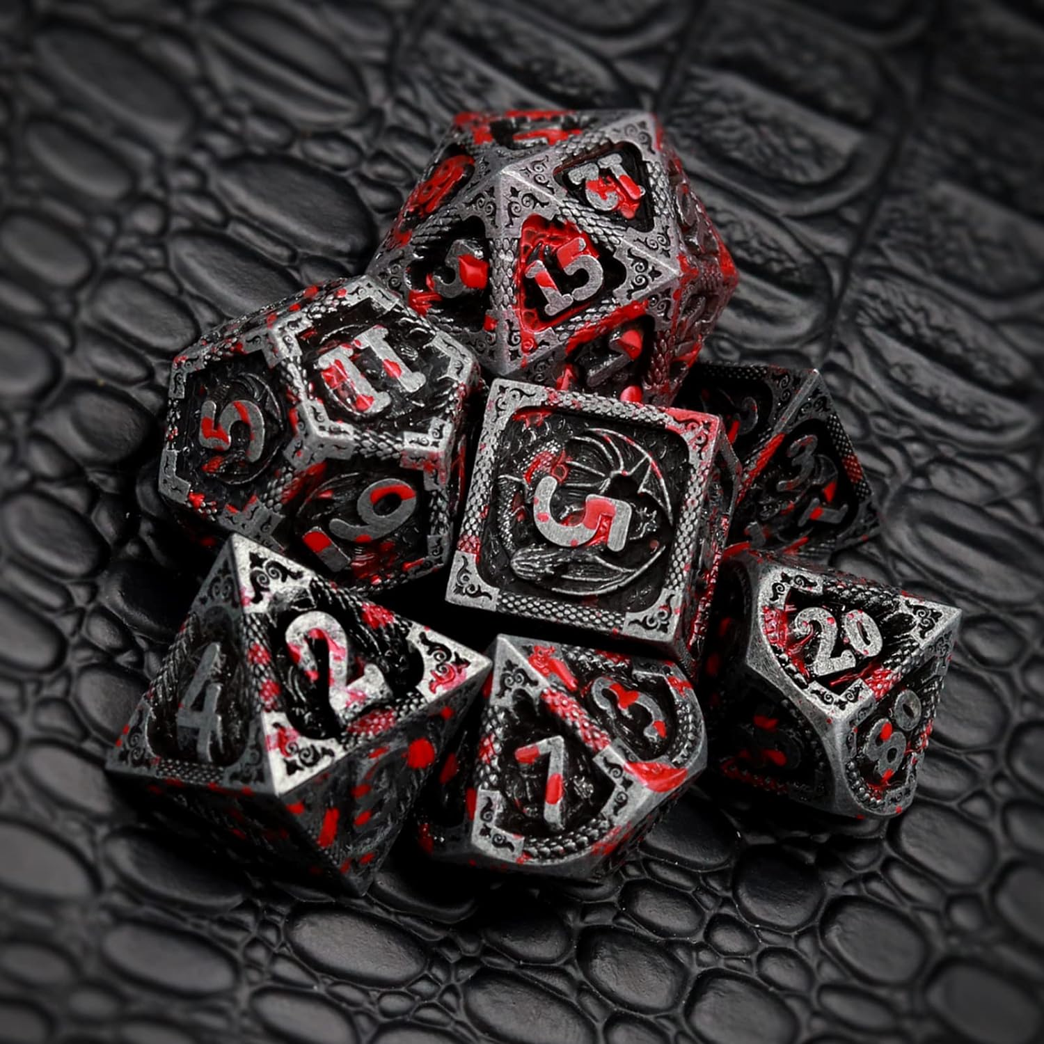 Haxtec Bloodstained Metal DND Dice Set Antique Iron Blood Metal D&D Dice Set Dragon Scale with Leather Dice Bag Bloodsplattered Metal Polyhedral Dice for Dungeons and Dragons TTRPG Gifts