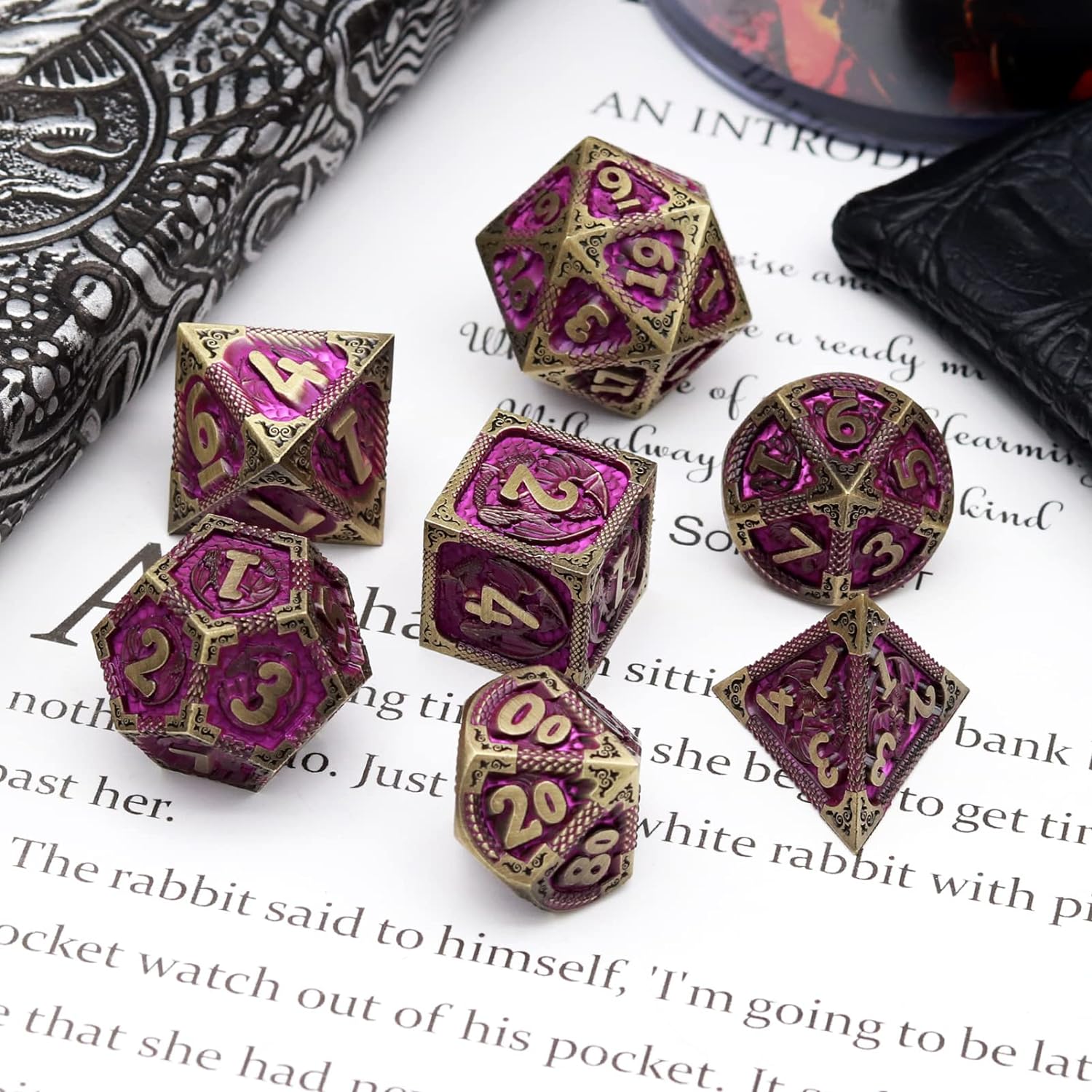 Haxtec Bloodstained Metal DND Dice Set Antique Iron Blood Metal D&D Dice Set Dragon Scale with Leather Dice Bag Bloodsplattered Metal Polyhedral Dice for Dungeons and Dragons TTRPG Gifts