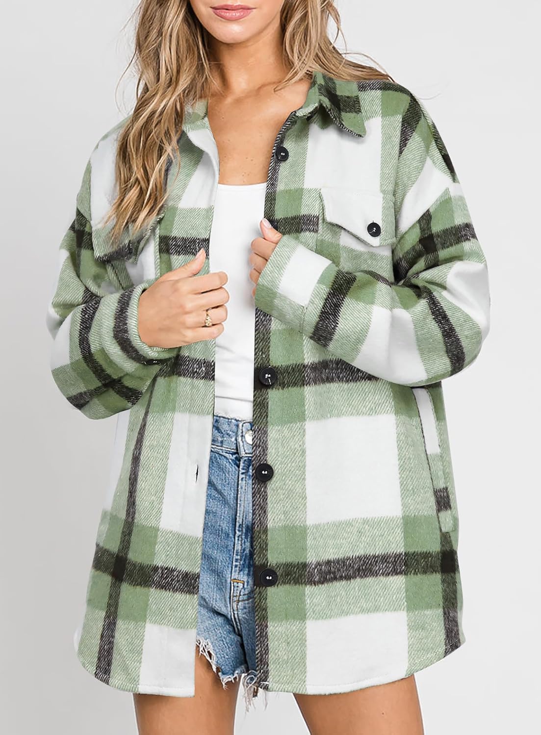 Beaully Women's Flannel Plaid Shacket Long Sleeve Button Down Shirts Jacket Coats with Side Pockets
