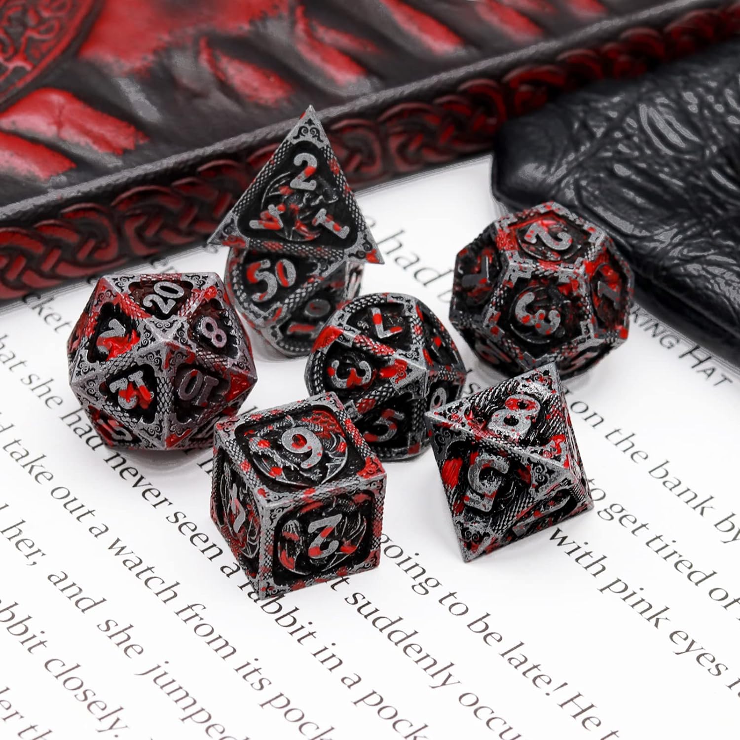 Haxtec Bloodstained Metal DND Dice Set Antique Iron Blood Metal D&D Dice Set Dragon Scale with Leather Dice Bag Bloodsplattered Metal Polyhedral Dice for Dungeons and Dragons TTRPG Gifts