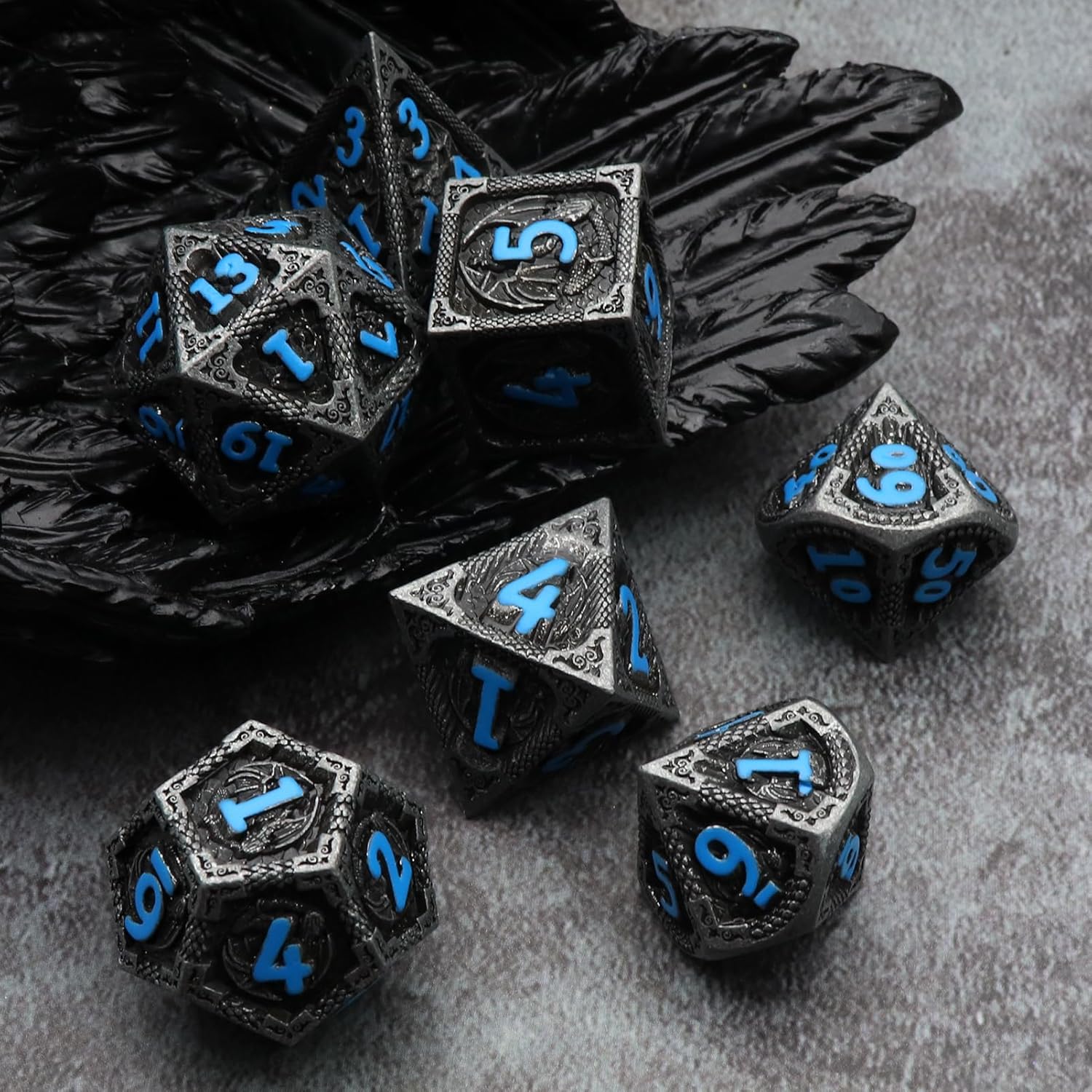Haxtec Bloodstained Metal DND Dice Set Antique Iron Blood Metal D&D Dice Set Dragon Scale with Leather Dice Bag Bloodsplattered Metal Polyhedral Dice for Dungeons and Dragons TTRPG Gifts
