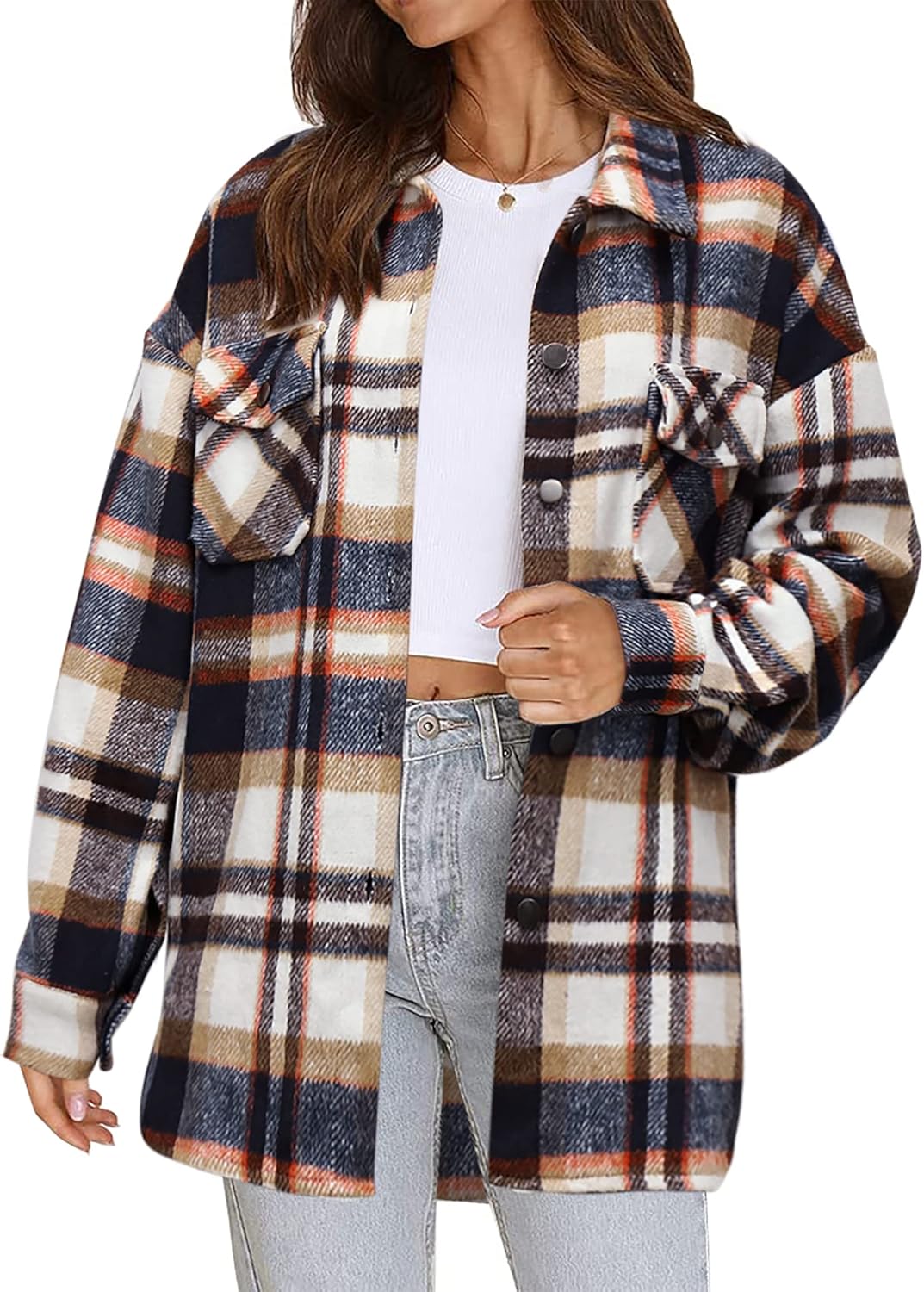 Beaully Women's Flannel Plaid Shacket Long Sleeve Button Down Shirts Jacket Coats with Side Pockets