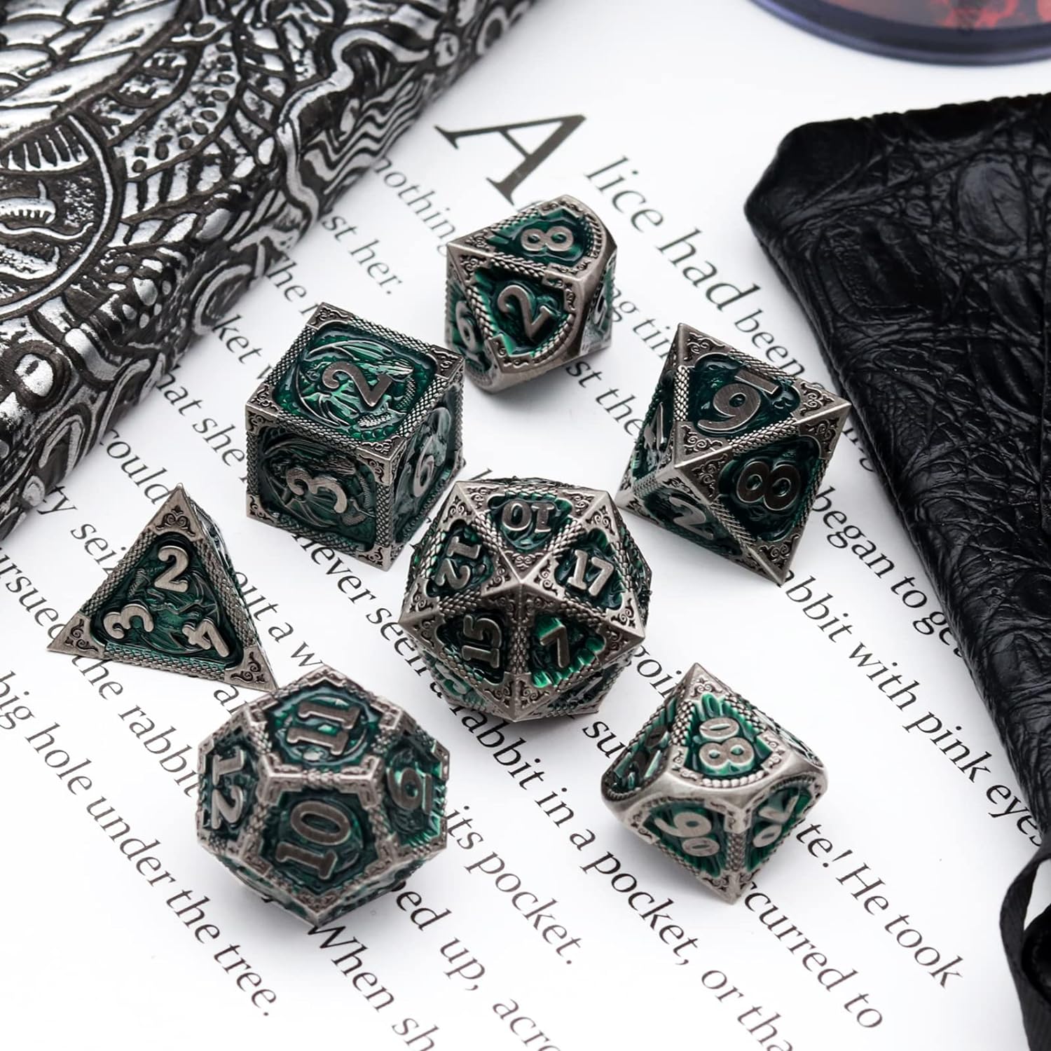 Haxtec Bloodstained Metal DND Dice Set Antique Iron Blood Metal D&D Dice Set Dragon Scale with Leather Dice Bag Bloodsplattered Metal Polyhedral Dice for Dungeons and Dragons TTRPG Gifts