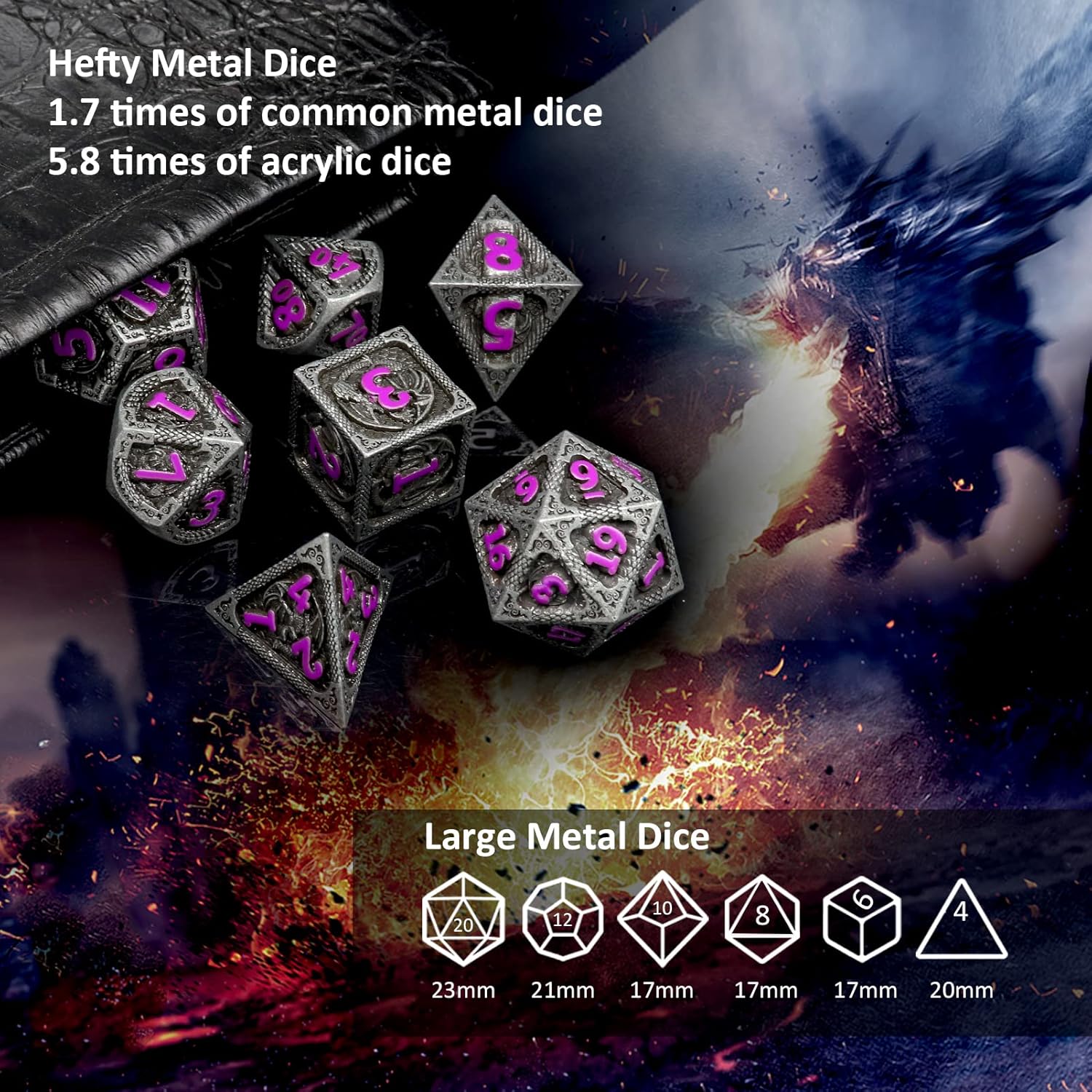 Haxtec Bloodstained Metal DND Dice Set Antique Iron Blood Metal D&D Dice Set Dragon Scale with Leather Dice Bag Bloodsplattered Metal Polyhedral Dice for Dungeons and Dragons TTRPG Gifts