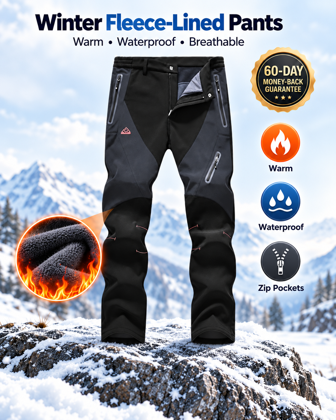 Men's Waterproof Pants Insulated Cold weather Hiking Winter Snow Ski Softshell Outdoor Pants