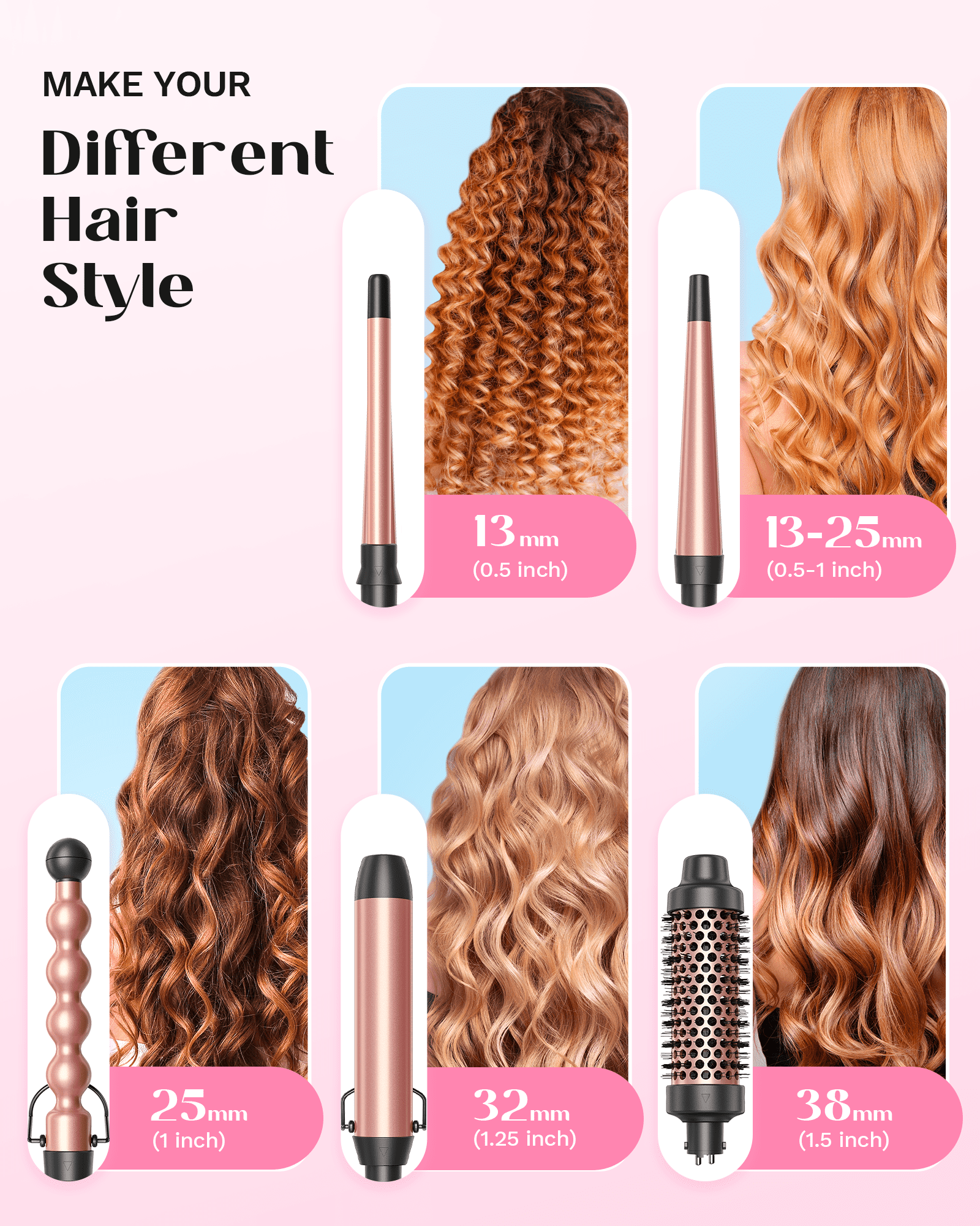 Wavytalk 5 in 1 Curling Iron Set with 1.5inch Thermal Brush, 4 Interchangeable Curling Wand
