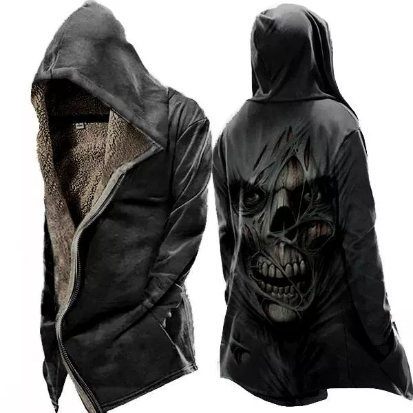 Mens Vintage Skull Print Tactical Zip Up Hooded Fleece Jacket