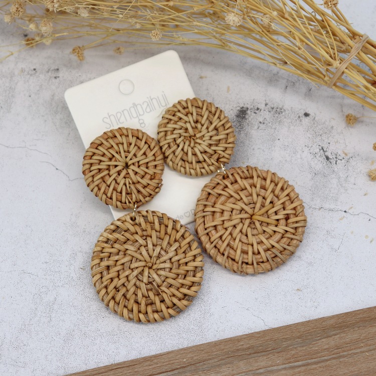 Retro handmade rattan woven earrings for women Bohemian beach holiday style versatile earrings temperament personality earrings