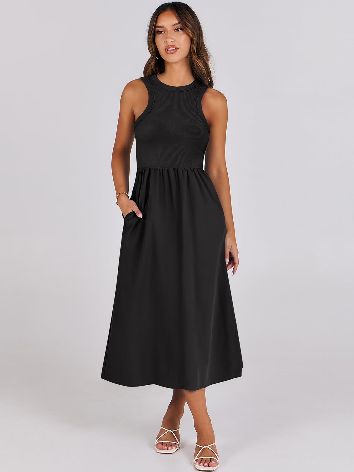 Women's Summer Casual Sleeveless Midi Sundress Knit High Neck Tank Top Racerback Flowy Dresses