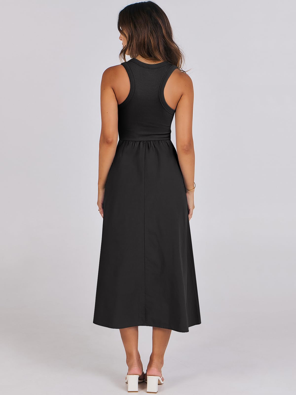 Women's Summer Casual Sleeveless Midi Sundress Knit High Neck Tank Top Racerback Flowy Dresses