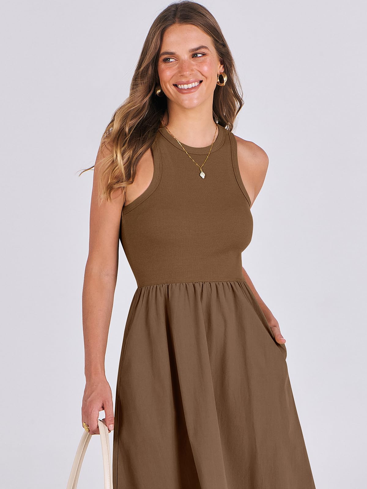 Women's Summer Casual Sleeveless Midi Sundress Knit High Neck Tank Top Racerback Flowy Dresses