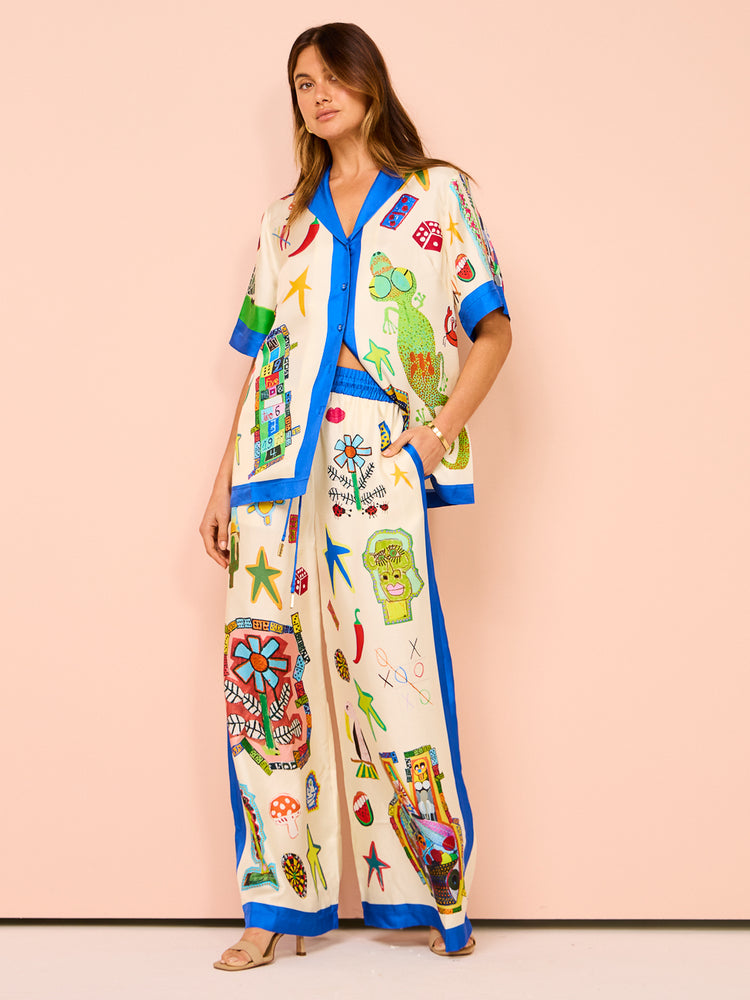 Vibrant Beach Satin Unique Print Colorblock Trim  Oversized Blouse set