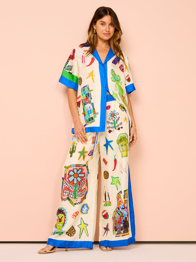 Vibrant Beach Satin Unique Print Colorblock Trim  Oversized Blouse set