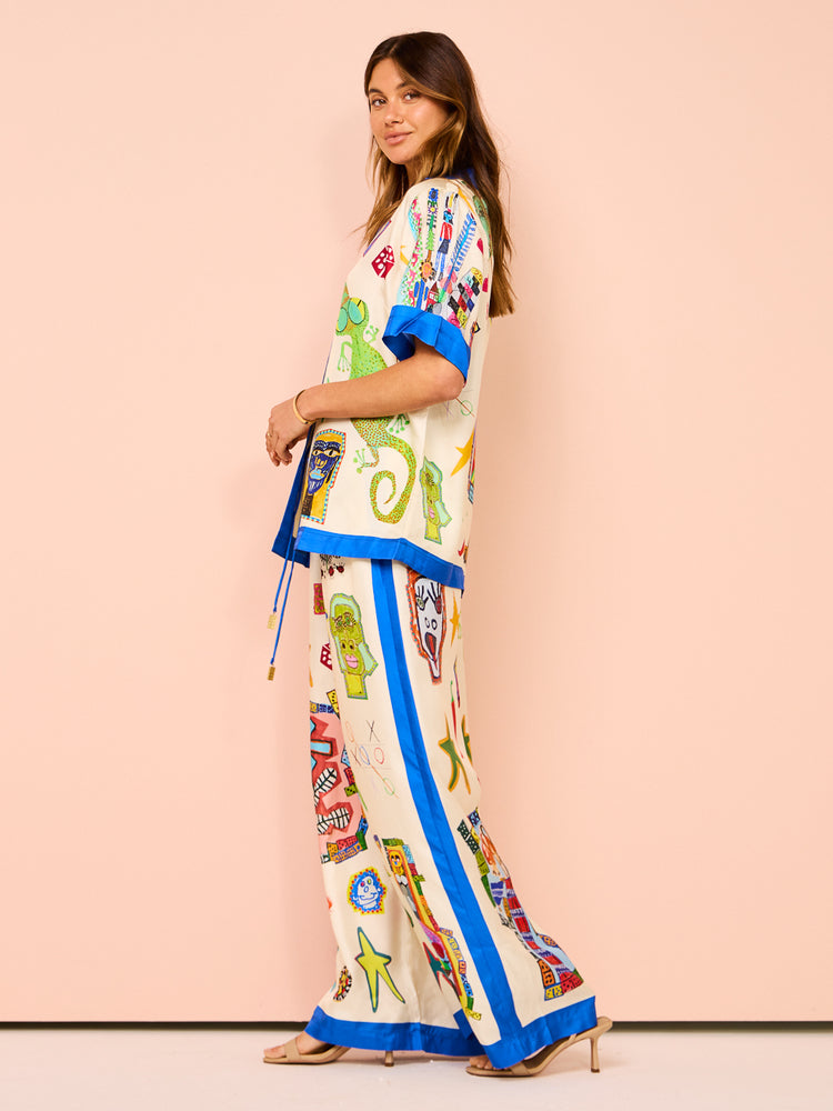 Vibrant Beach Satin Unique Print Colorblock Trim  Oversized Blouse set