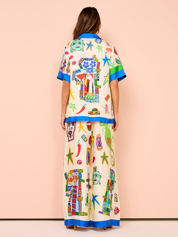 Vibrant Beach Satin Unique Print Colorblock Trim  Oversized Blouse set