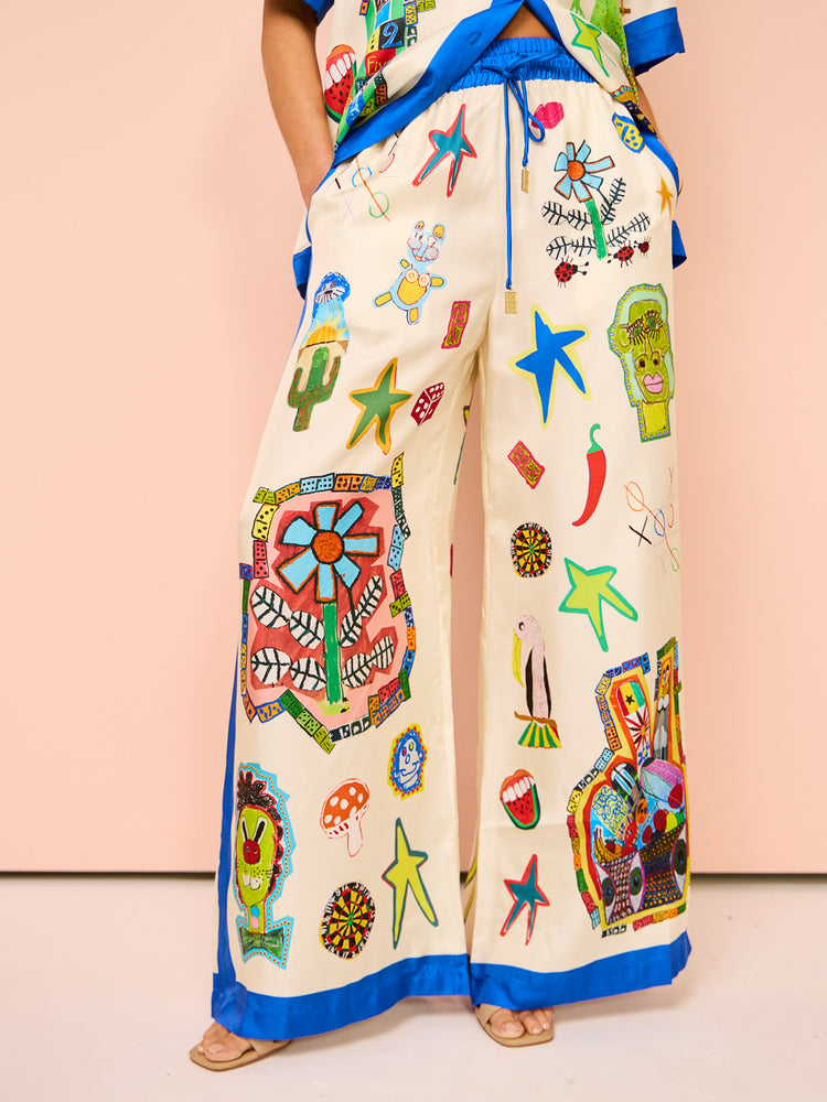 Vibrant Beach Satin Unique Print Colorblock Trim  Oversized Blouse set