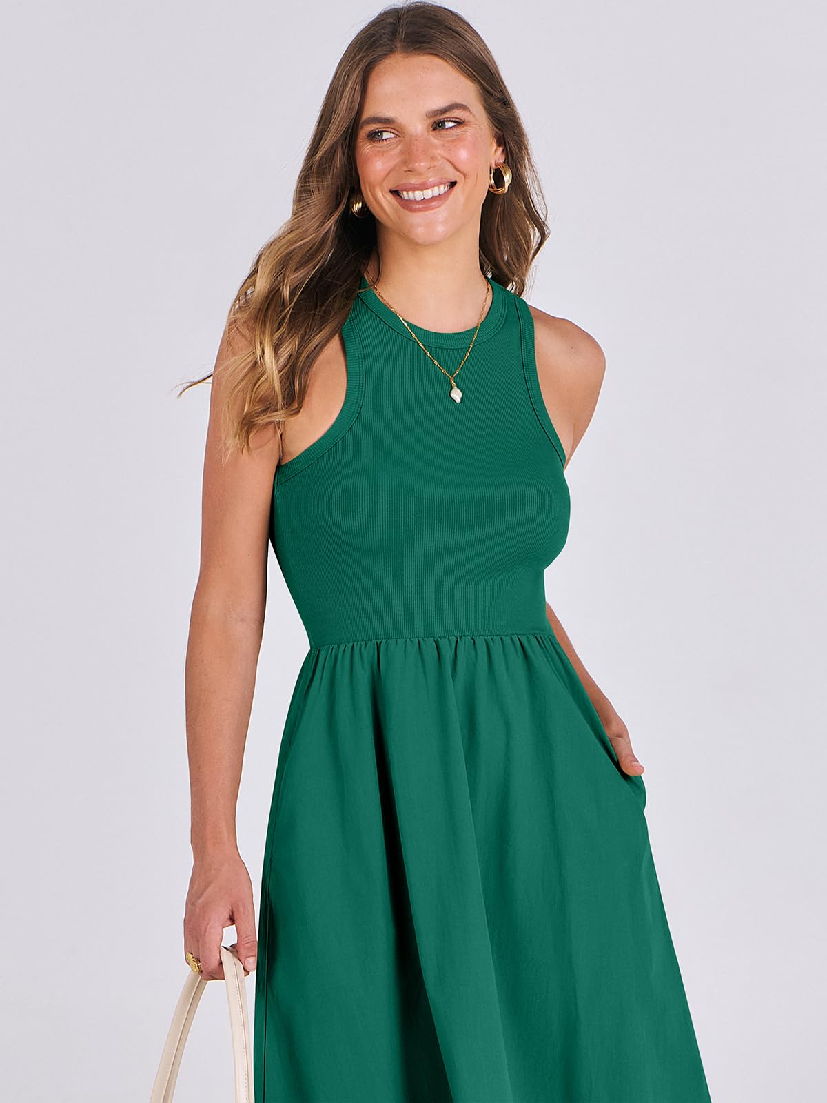 Women's Summer Casual Sleeveless Midi Sundress Knit High Neck Tank Top Racerback Flowy Dresses