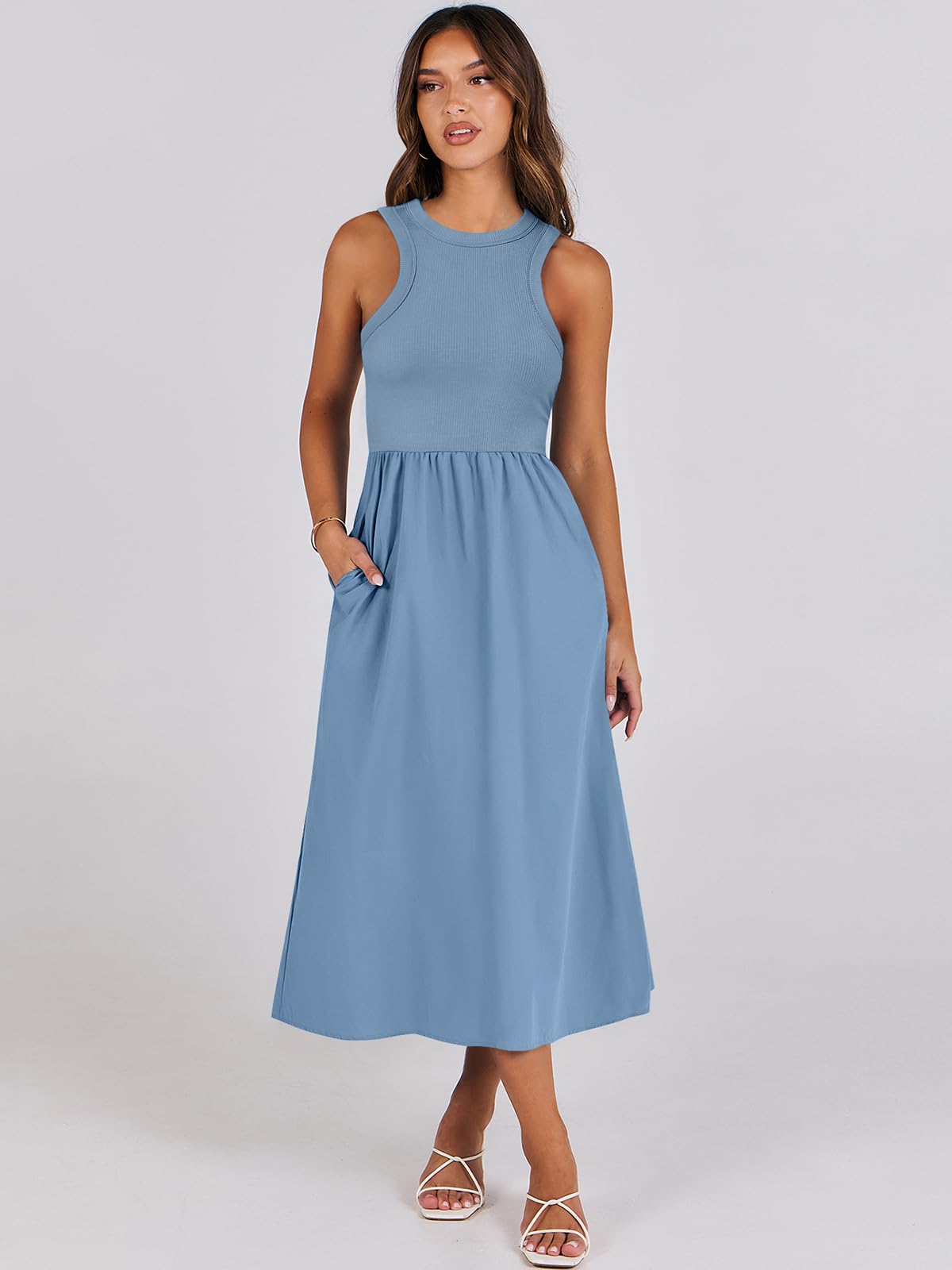 Women's Summer Casual Sleeveless Midi Sundress Knit High Neck Tank Top Racerback Flowy Dresses